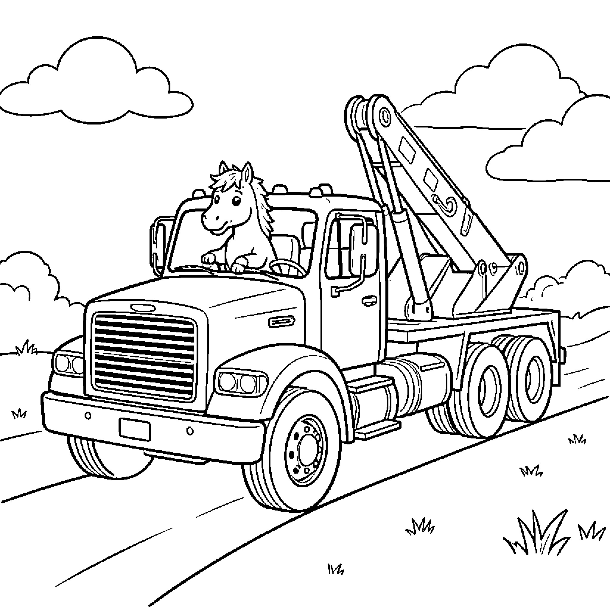 Horse-drawn Tow Truck Transporting Load on the Road Coloring Page (free black-and-white line drawing printable PDF for all, from beginners to advanced learners, including children, teens, adults, and seniors)