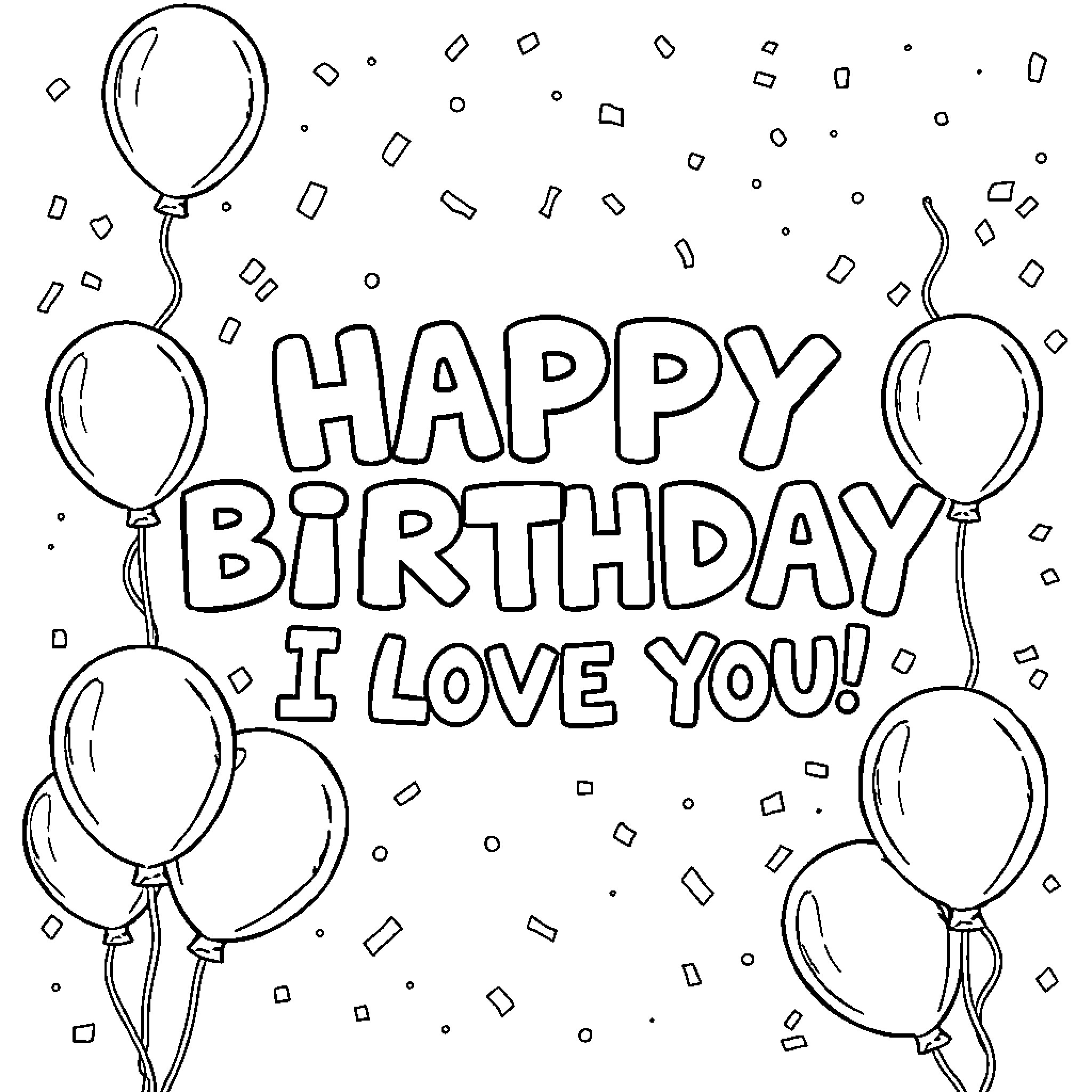 Birthday celebration with balloons and love message Coloring Page (free black-and-white line drawing printable PDF for all, from beginners to advanced learners, including children, teens, adults, and seniors)