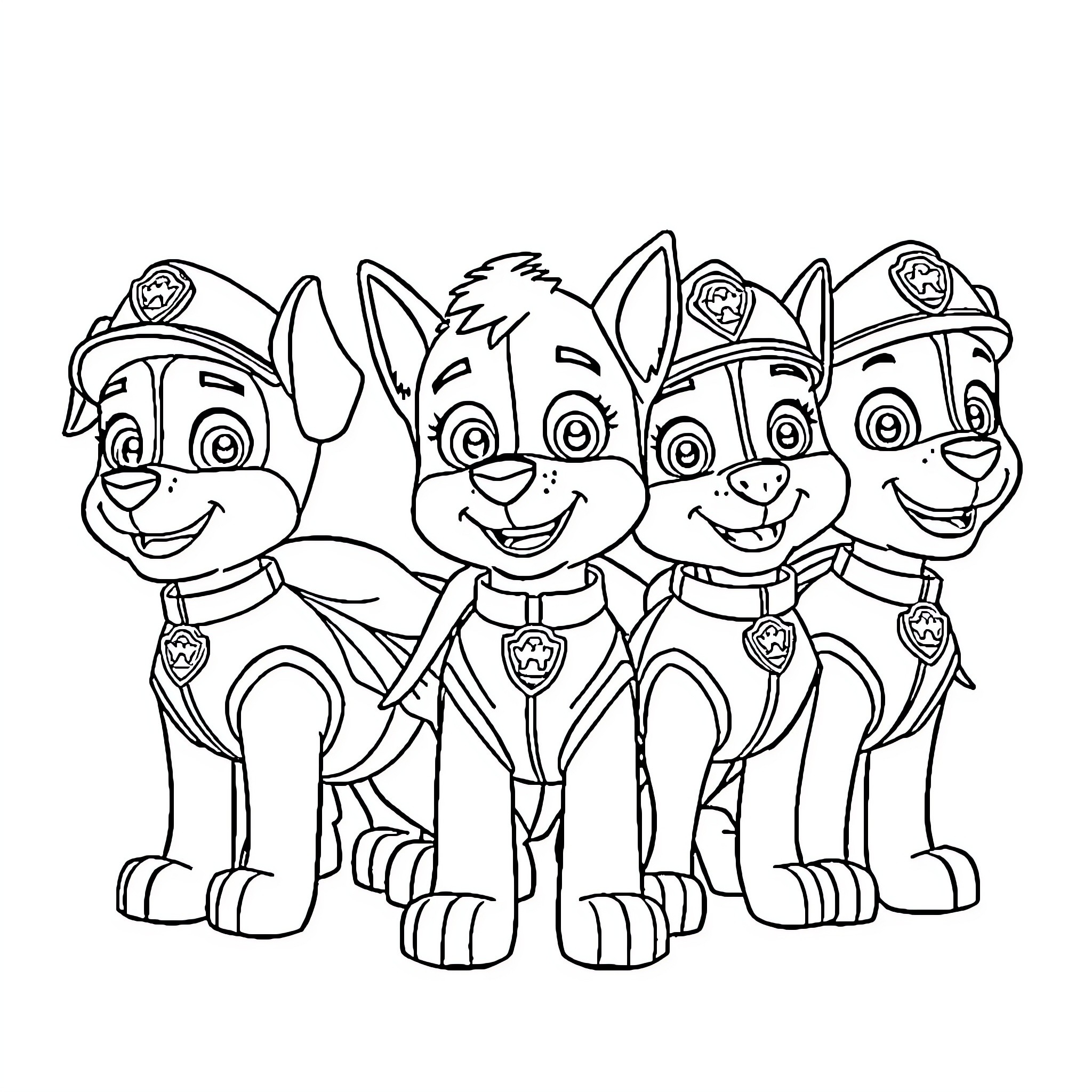 Paw Patrol characters in uniform and ready for action Coloring Page (free black-and-white line drawing printable PDF for all, from beginners to advanced learners, including children, teens, adults, and seniors)