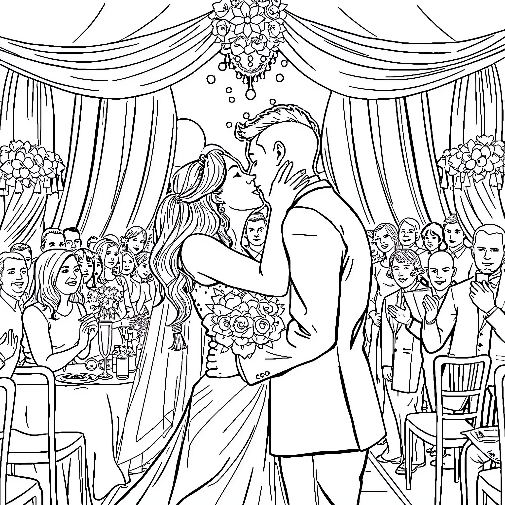 Lyna's Elegant Wedding Celebration Coloring Page (free black-and-white line drawing printable PDF for all, from beginners to advanced learners, including children, teens, adults, and seniors)