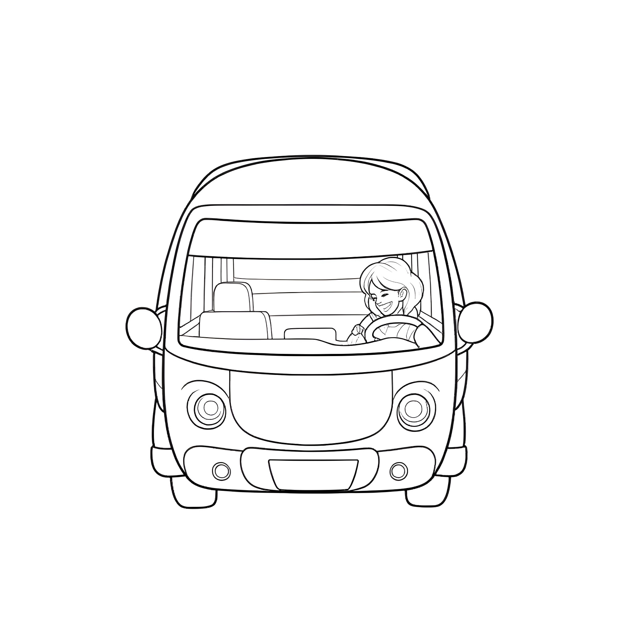 Mom drives her vehicle with a young passenger Coloring Page (free black-and-white line drawing printable PDF for all, from beginners to advanced learners, including children, teens, adults, and seniors)