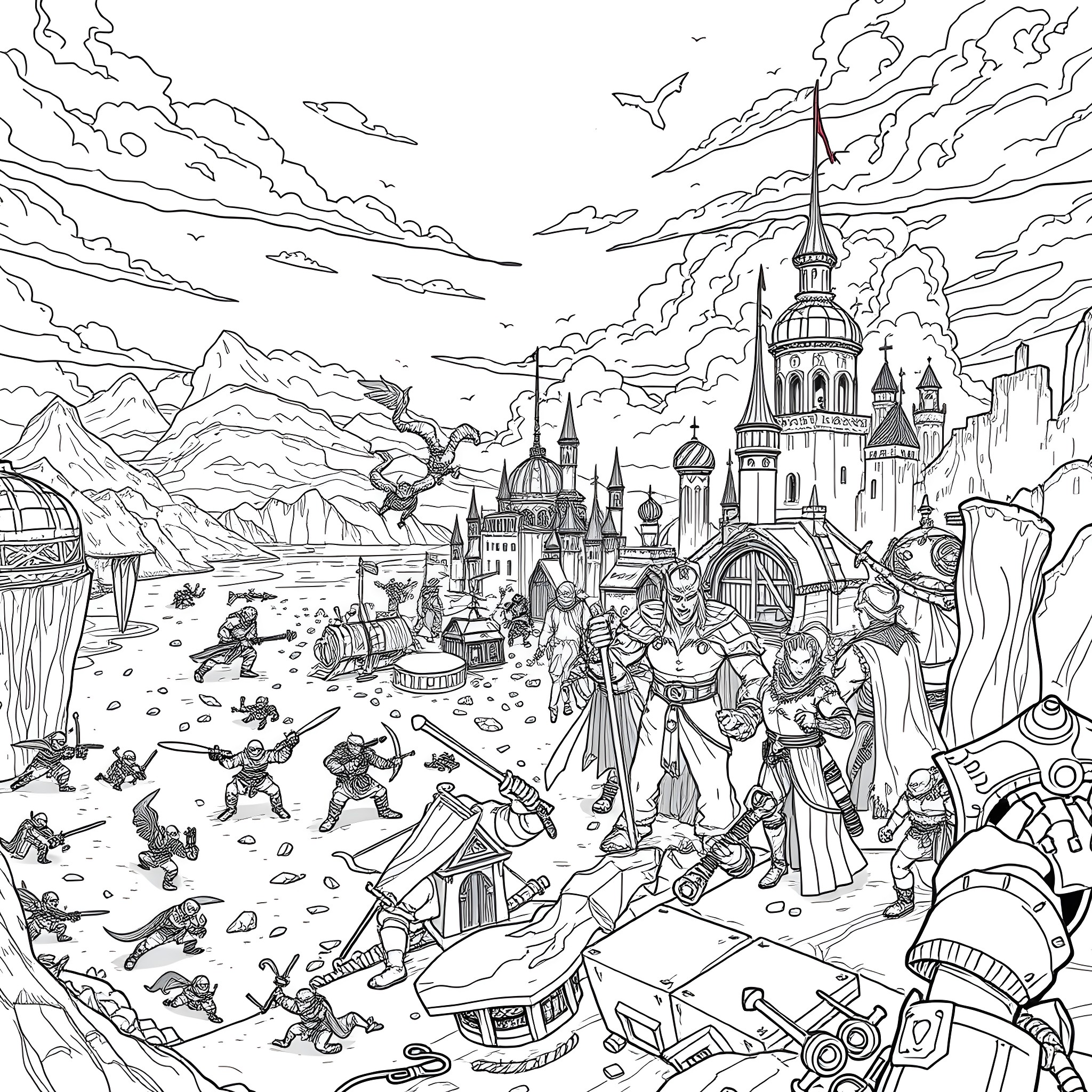 Fortnite Characters in a Fantastical Landscape Coloring Page (free black-and-white line drawing printable PDF for all, from beginners to advanced learners, including children, teens, adults, and seniors)