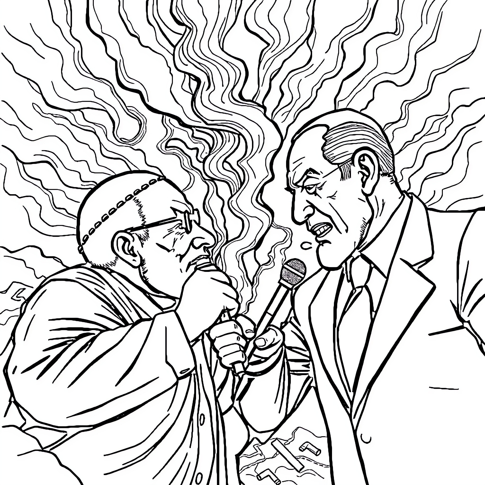 Iran: Heated Debate between Prominent Figures Coloring Page (free black-and-white line drawing printable PDF for all, from beginners to advanced learners, including children, teens, adults, and seniors)