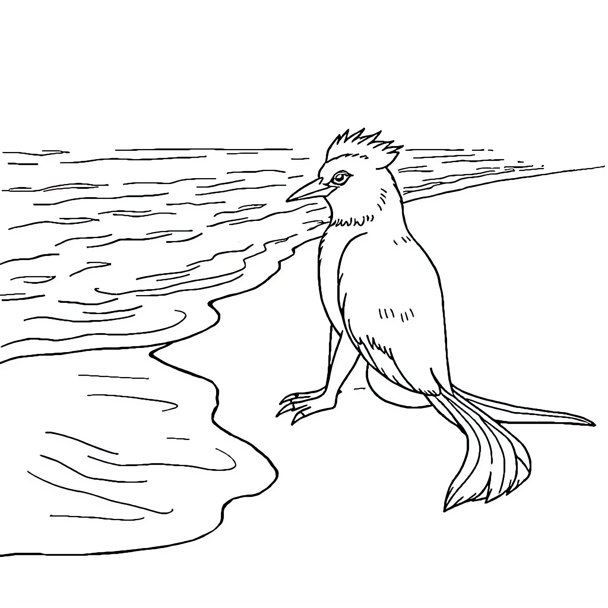 Scarlet bird standing by the shore Coloring Page (free black-and-white line drawing printable PDF for all, from beginners to advanced learners, including children, teens, adults, and seniors)