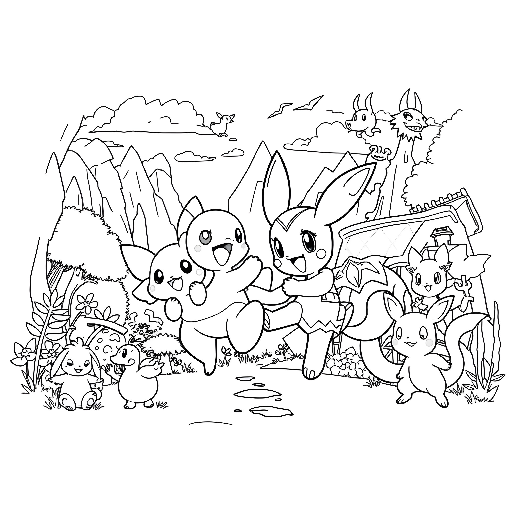 Bluey and friends in a whimsical outdoor adventure Coloring Page (free black-and-white line drawing printable PDF for all, from beginners to advanced learners, including children, teens, adults, and seniors)