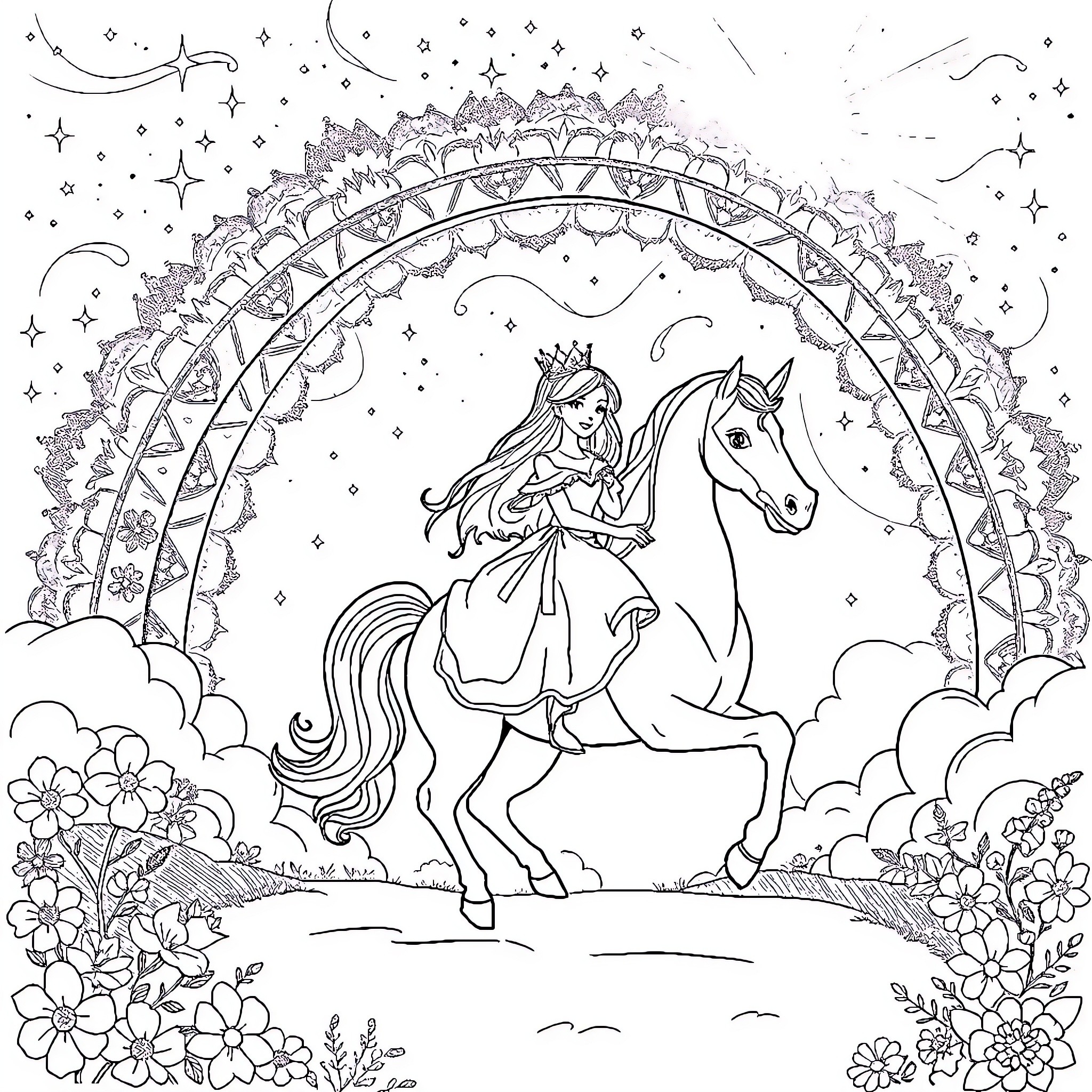 Princess Riding Majestic Horse Through Enchanted Arch Coloring Page (free black-and-white line drawing printable PDF for all, from beginners to advanced learners, including children, teens, adults, and seniors)