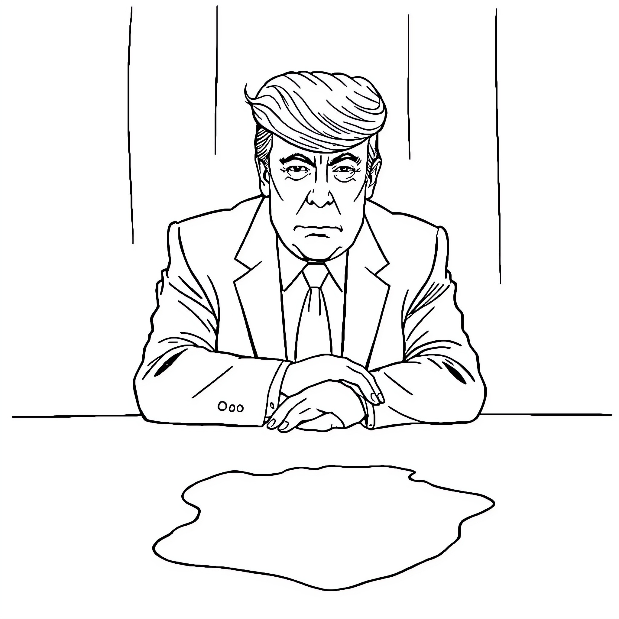 Donald Trump sitting at desk with serious expression Coloring Page (free black-and-white line drawing printable PDF for all, from beginners to advanced learners, including children, teens, adults, and seniors)