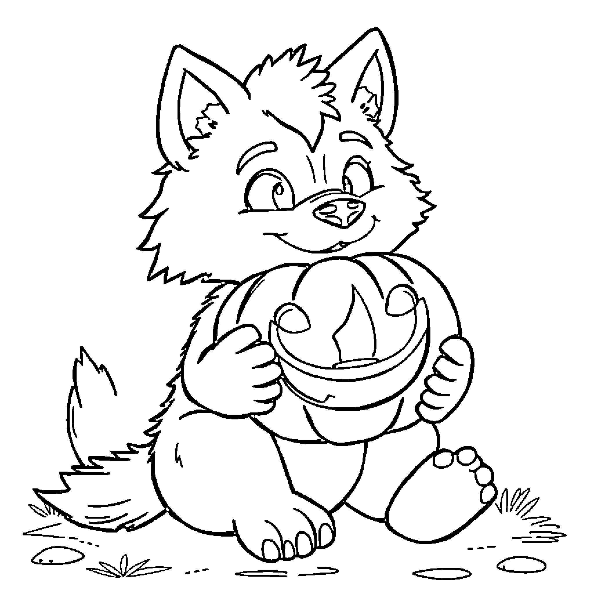 Werewolf puppy playing with pumpkin Coloring Page (free black-and-white line drawing printable PDF for all, from beginners to advanced learners, including children, teens, adults, and seniors)