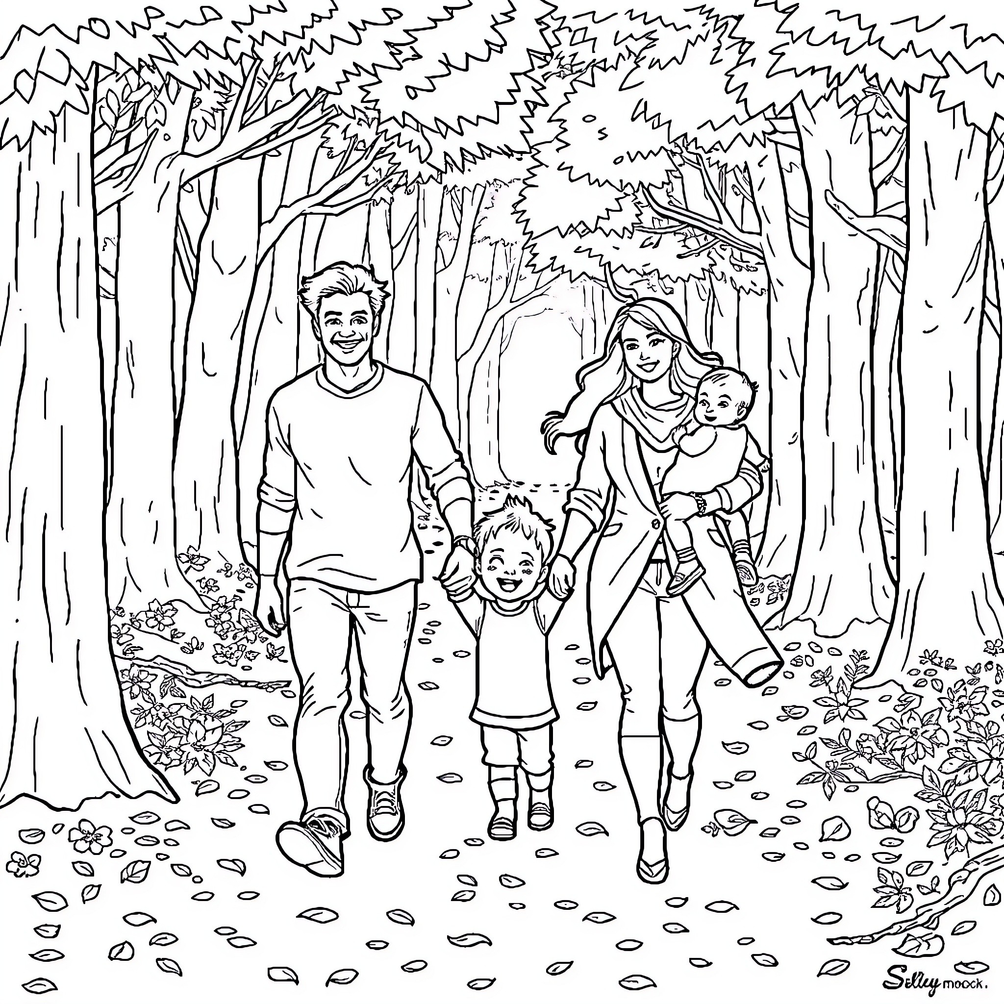 Family Strolling Through a Scenic Forest Coloring Page (free black-and-white line drawing printable PDF for all, from beginners to advanced learners, including children, teens, adults, and seniors)