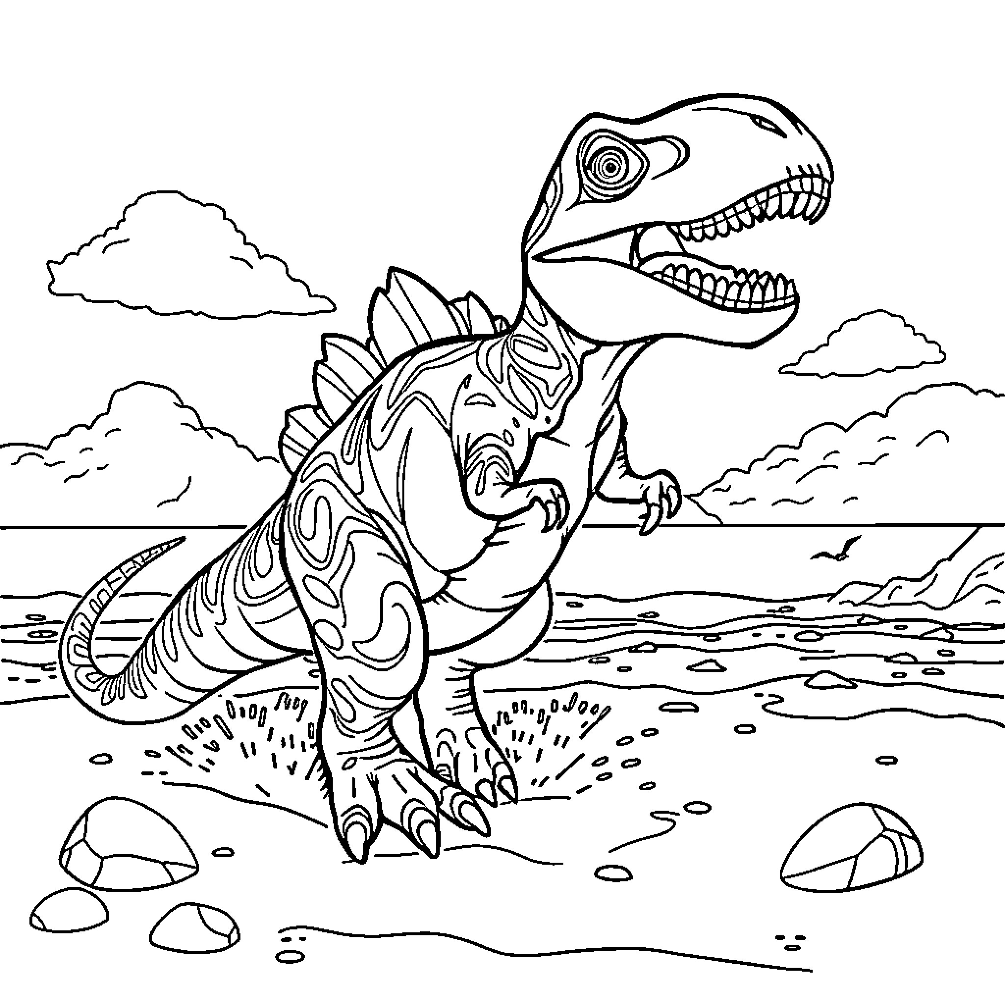 Dinosaur roaring fiercely on the prehistoric beach Coloring Page (free black-and-white line drawing printable PDF for all, from beginners to advanced learners, including children, teens, adults, and seniors)