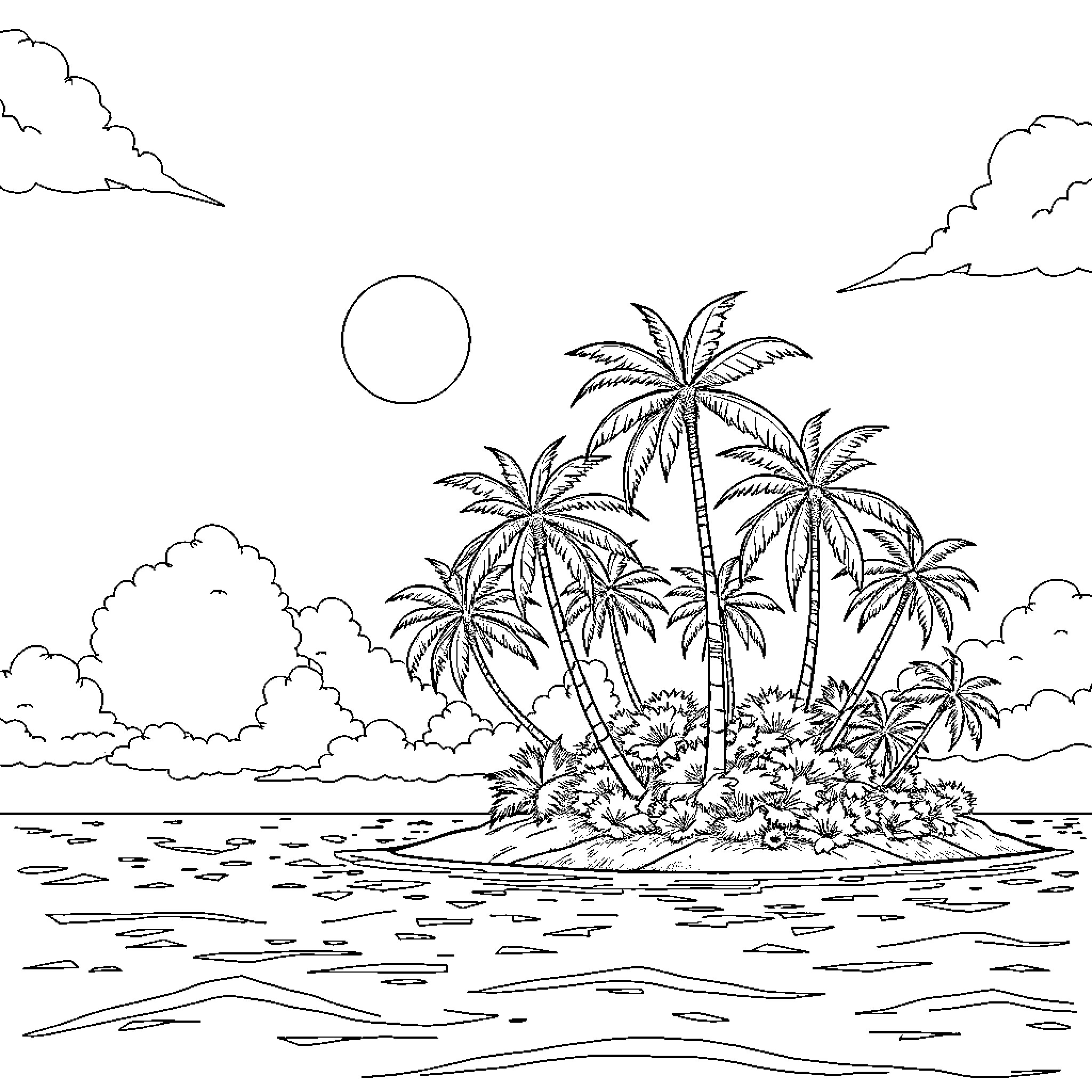 Island with Swaying Palm Trees in the Sunset Coloring Page (free black-and-white line drawing printable PDF for all, from beginners to advanced learners, including children, teens, adults, and seniors)