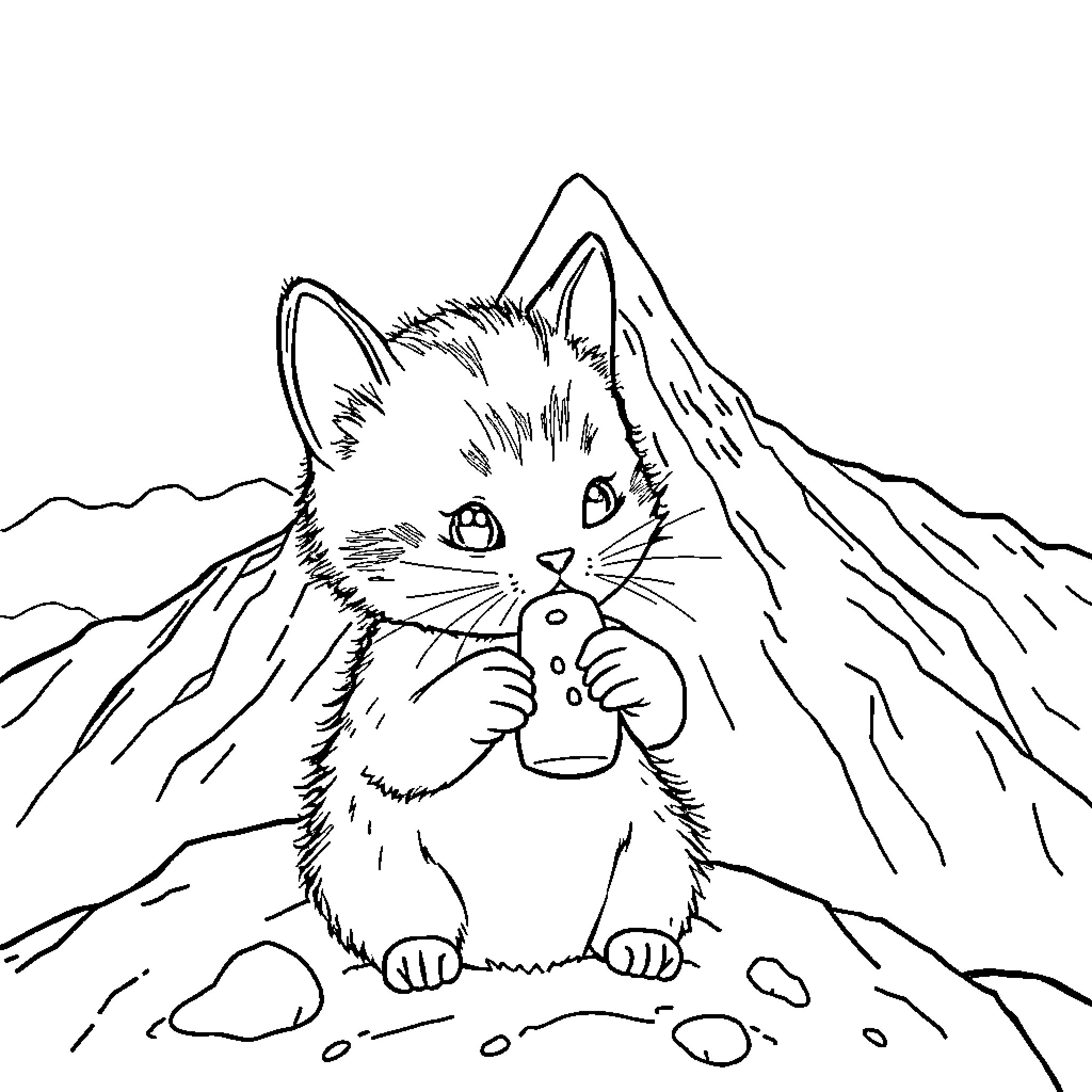 Chaton playing in a snowy landscape Coloring Page (free black-and-white line drawing printable PDF for all, from beginners to advanced learners, including children, teens, adults, and seniors)