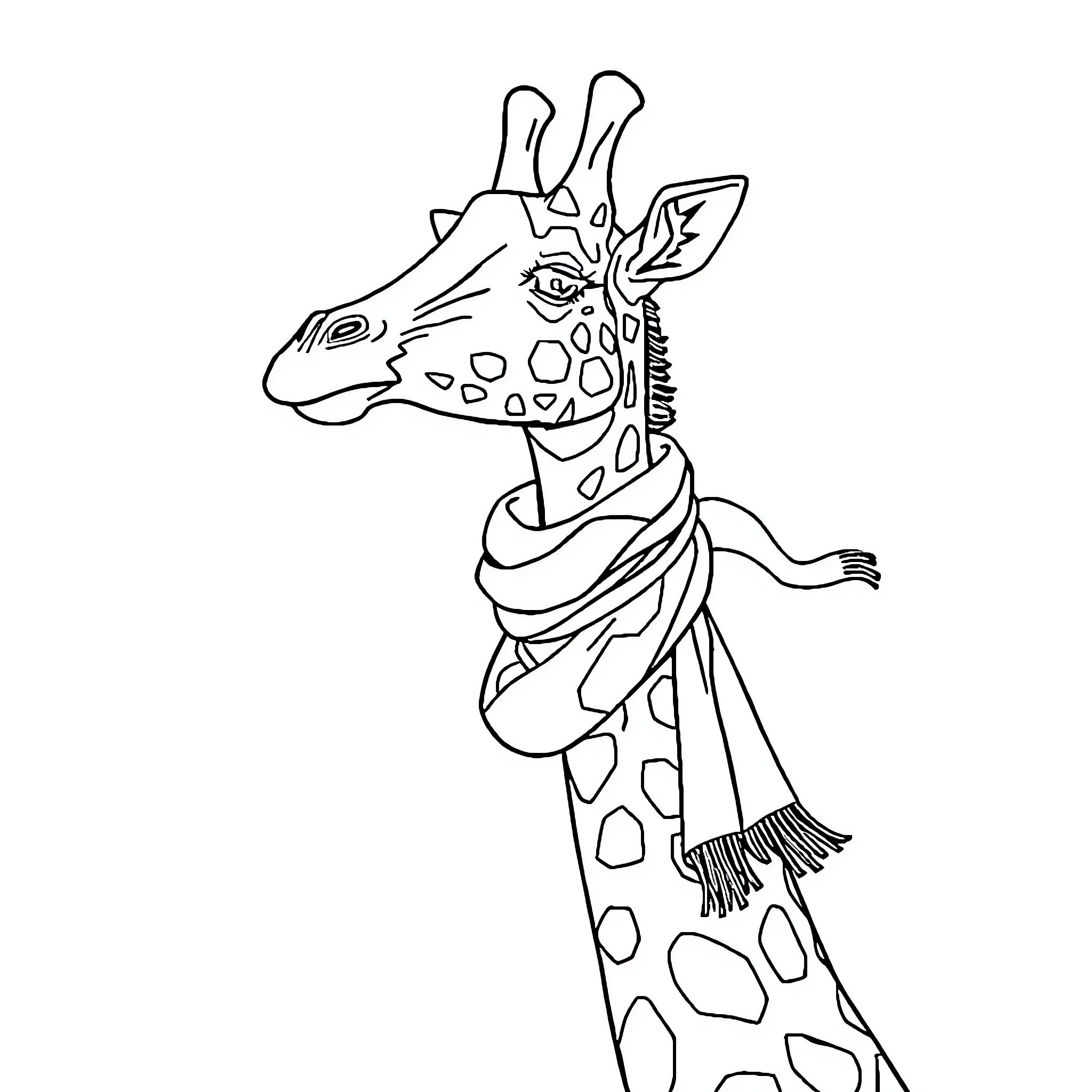 Giraffe wearing a scarf in a stylized illustration Coloring Page (free black-and-white line drawing printable PDF for all, from beginners to advanced learners, including children, teens, adults, and seniors)