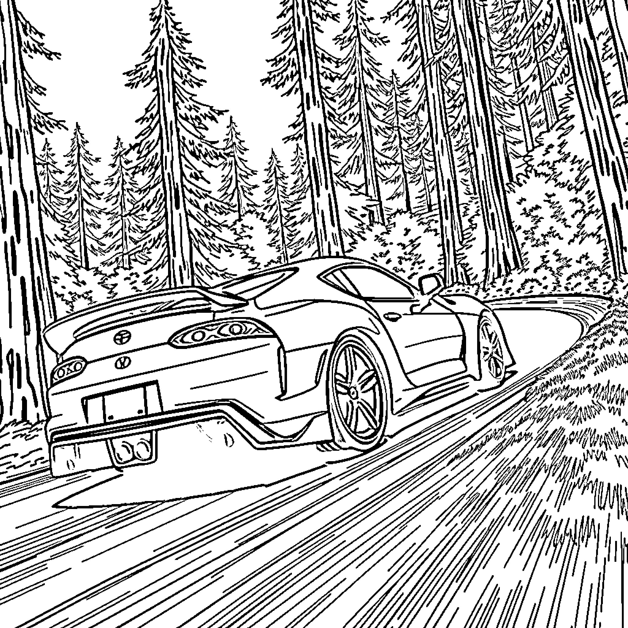 Supra speeding through the forest Coloring Page (free black-and-white line drawing printable PDF for all, from beginners to advanced learners, including children, teens, adults, and seniors)