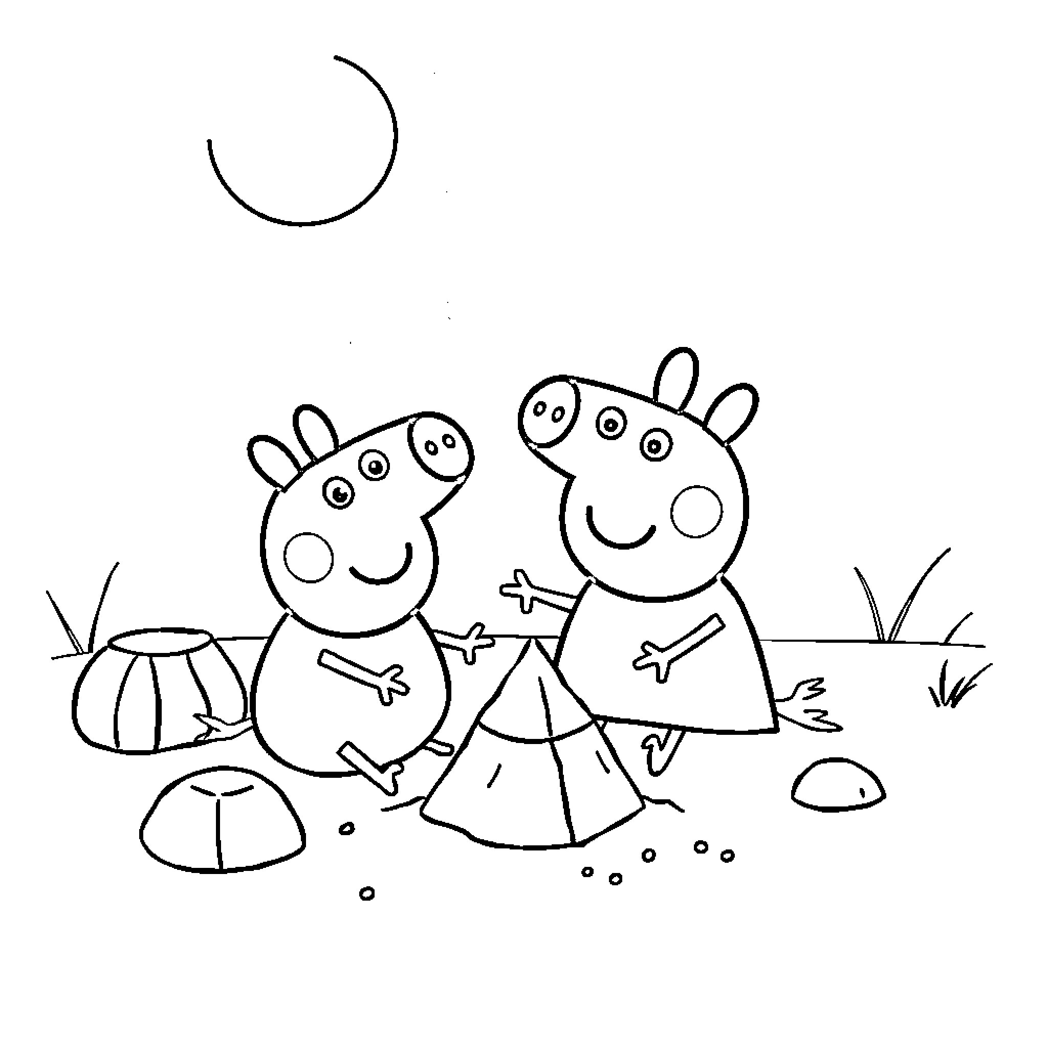 Peppa Pig playing with friends in the outdoors Coloring Page (free black-and-white line drawing printable PDF for all, from beginners to advanced learners, including children, teens, adults, and seniors)