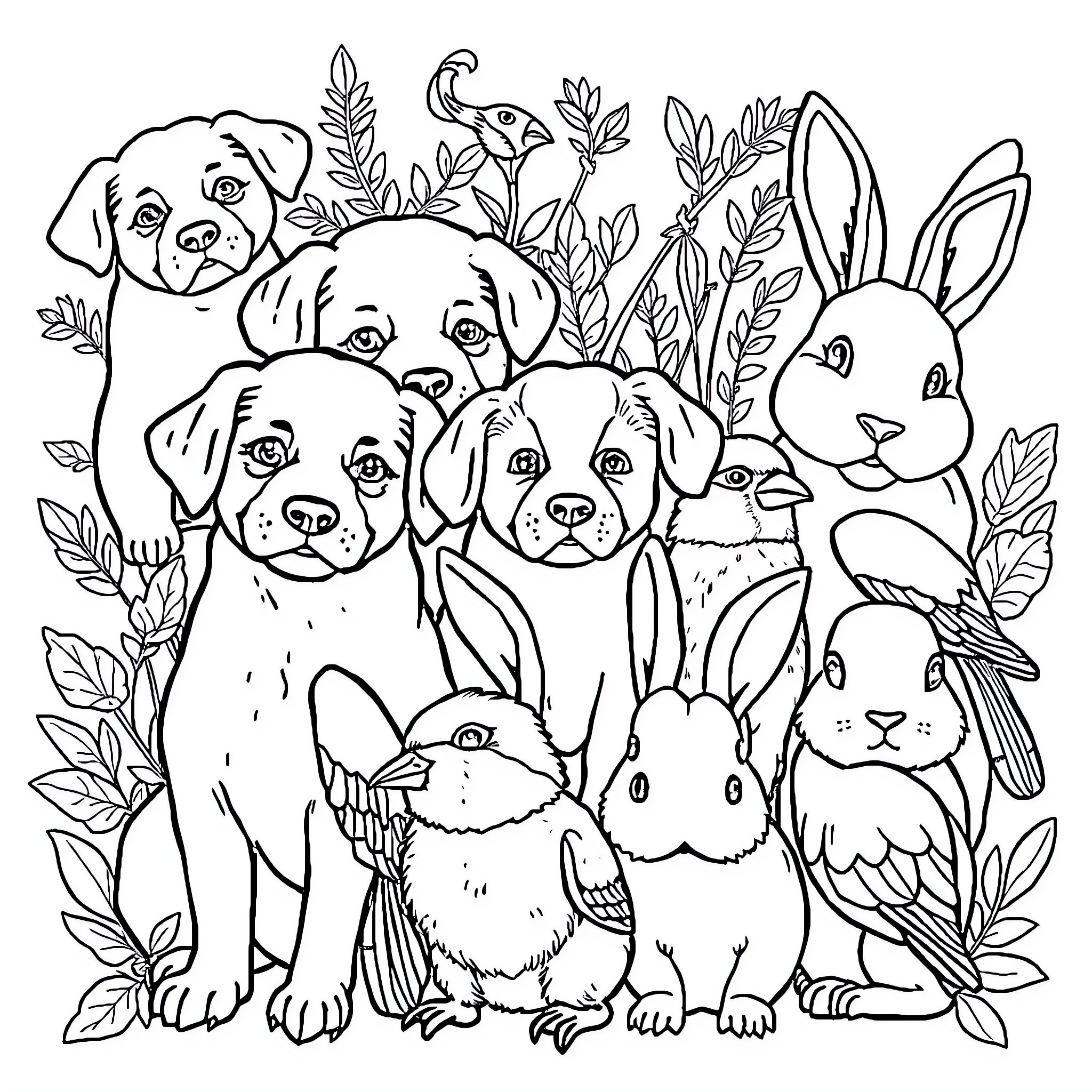 Animal friends in nature Coloring Page (free black-and-white line drawing printable PDF for all, from beginners to advanced learners, including children, teens, adults, and seniors)