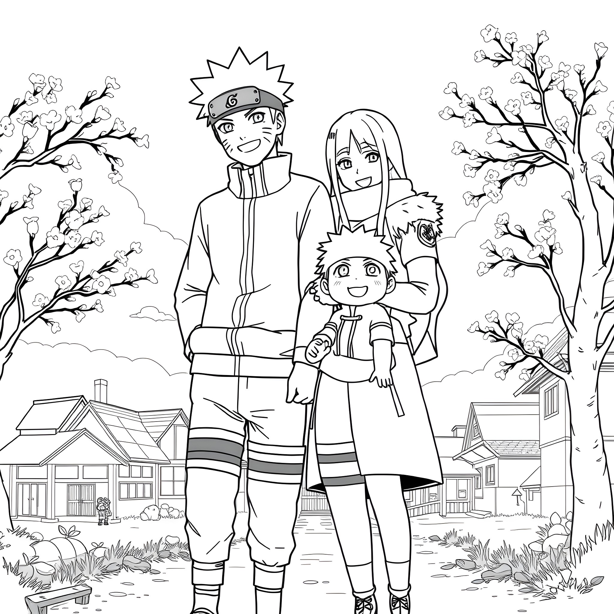 Naruto family enjoying a peaceful day in the village Coloring Page (free black-and-white line drawing printable PDF for all, from beginners to advanced learners, including children, teens, adults, and seniors)