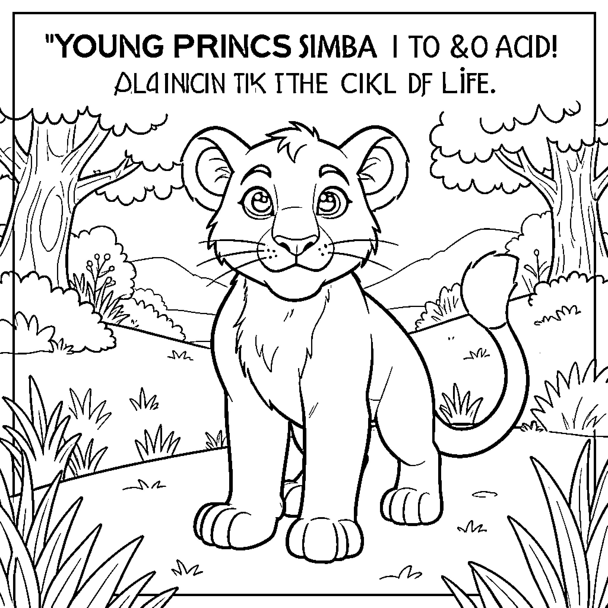 Lion cub standing calmly in a natural landscape Coloring Page (free black-and-white line drawing printable PDF for all, from beginners to advanced learners, including children, teens, adults, and seniors)