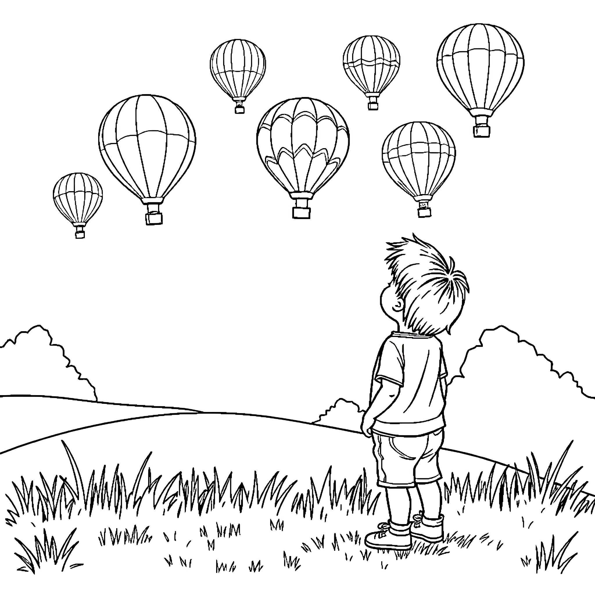 Hot Air Balloon Adventure in Scenic Landscape Coloring Page (free black-and-white line drawing printable PDF for all, from beginners to advanced learners, including children, teens, adults, and seniors)