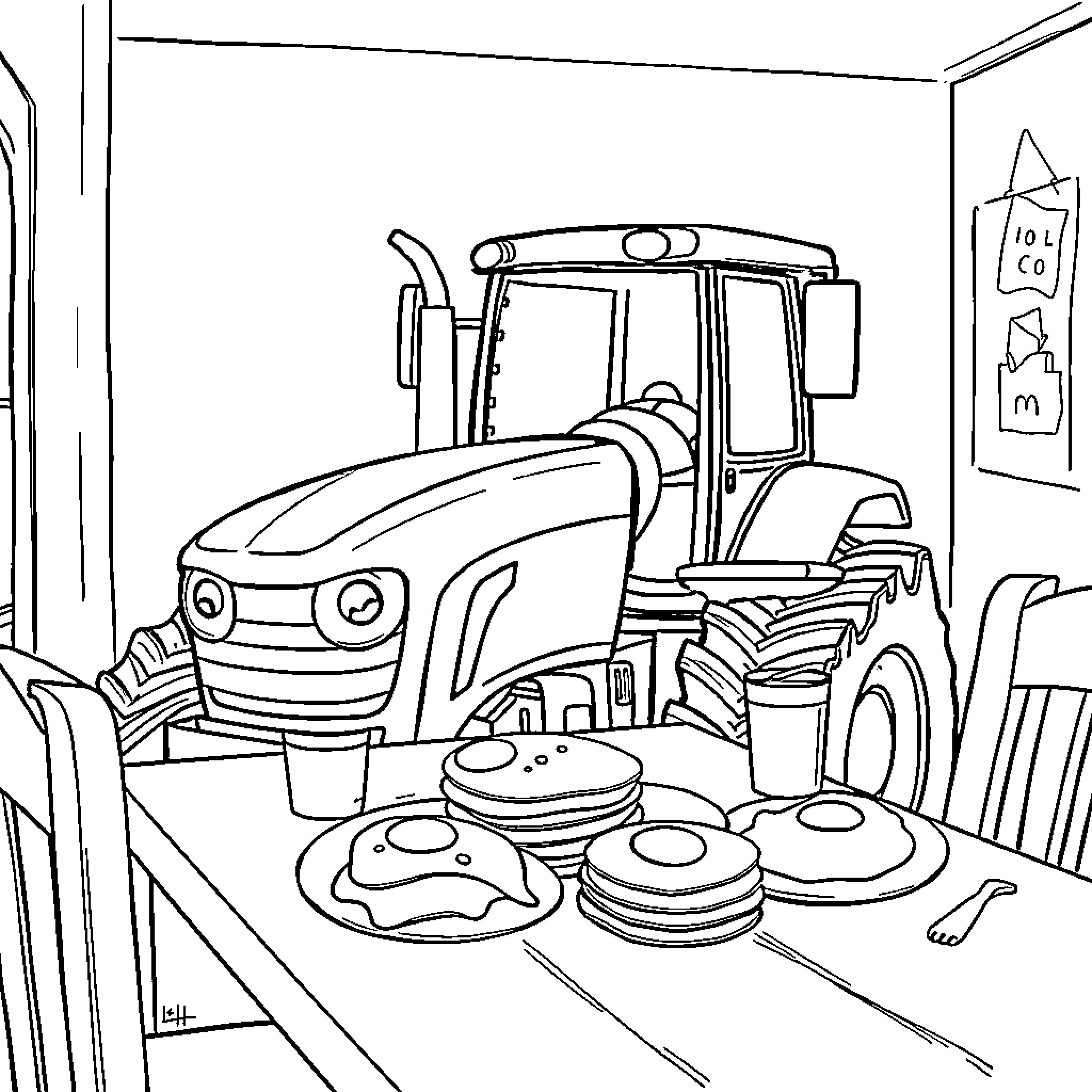 Tractor parked in front of homemade breakfast Coloring Page (free black-and-white line drawing printable PDF for all, from beginners to advanced learners, including children, teens, adults, and seniors)