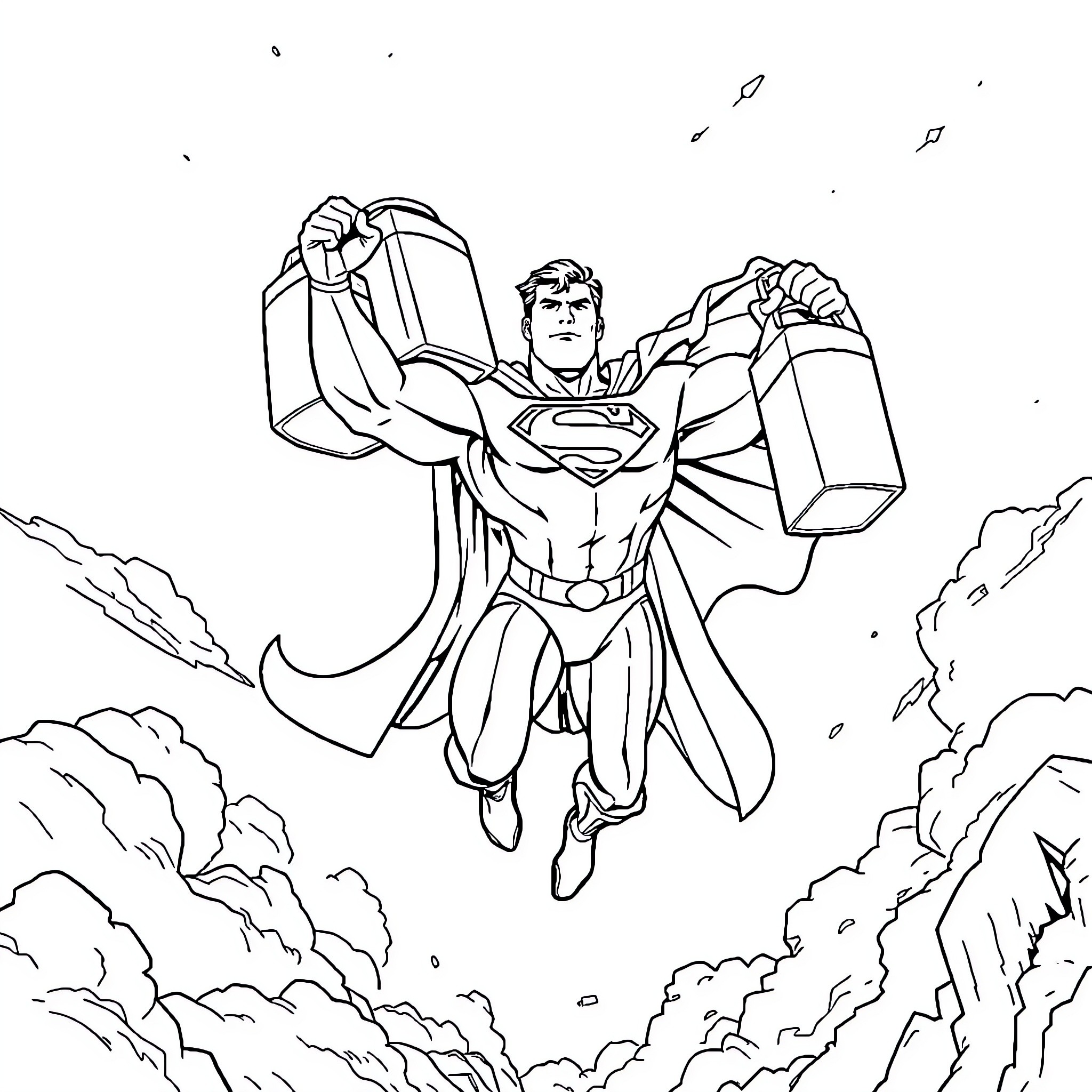 Superman soaring through the clouds Coloring Page (free black-and-white line drawing printable PDF for all, from beginners to advanced learners, including children, teens, adults, and seniors)