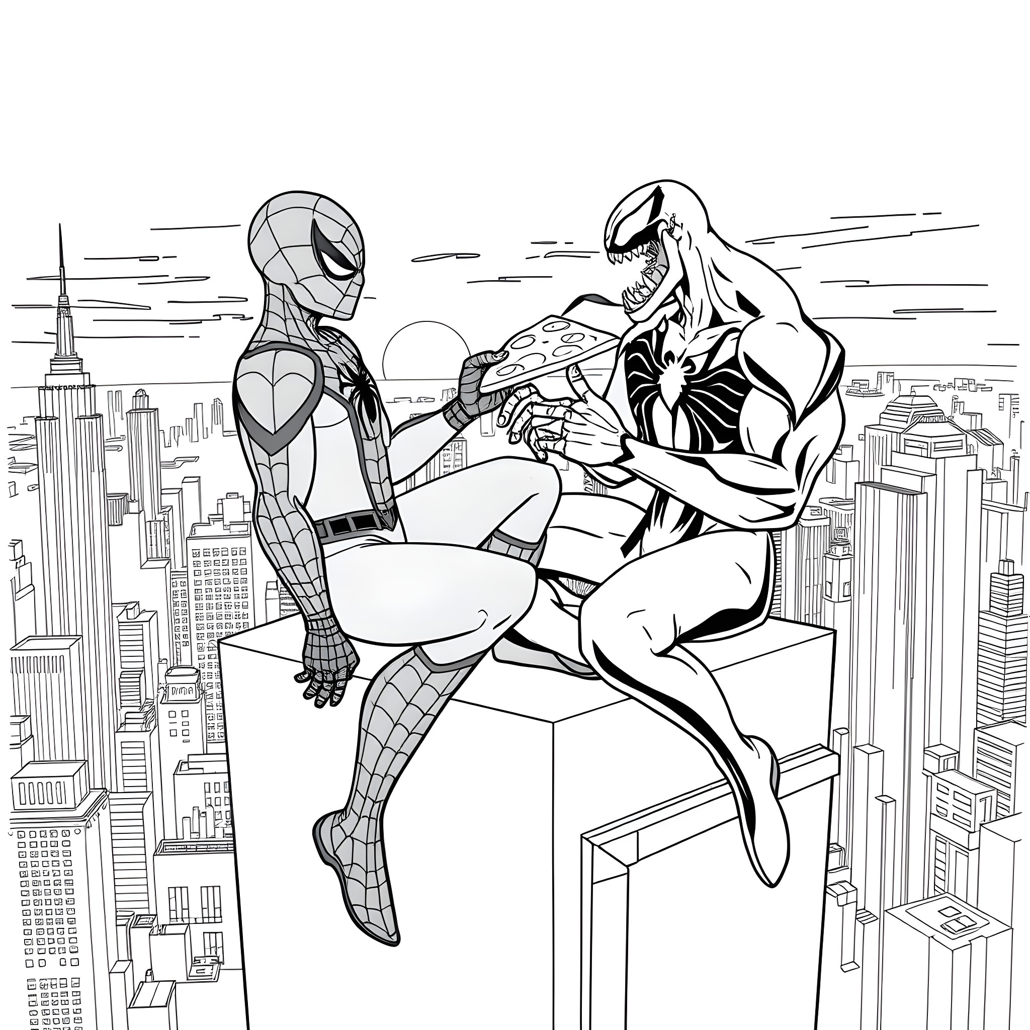 Spiderman and Venom on top of a city skyline Coloring Page (free black-and-white line drawing printable PDF for all, from beginners to advanced learners, including children, teens, adults, and seniors)