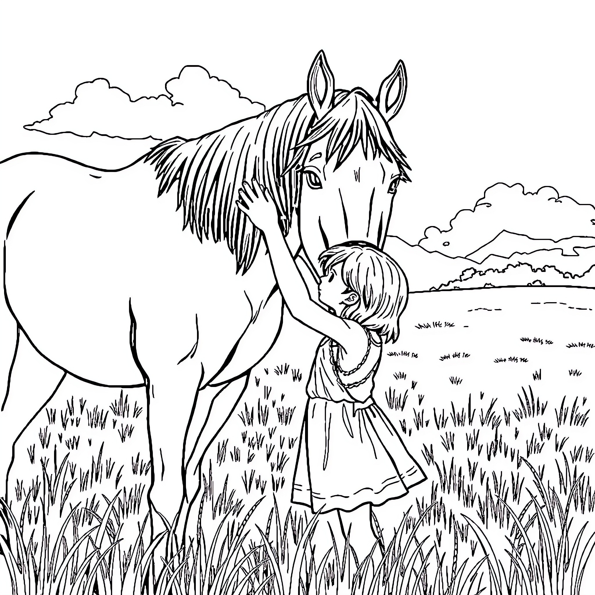 Girl Embracing Affectionate Horse in Grassy Field Coloring Page (free black-and-white line drawing printable PDF for all, from beginners to advanced learners, including children, teens, adults, and seniors)
