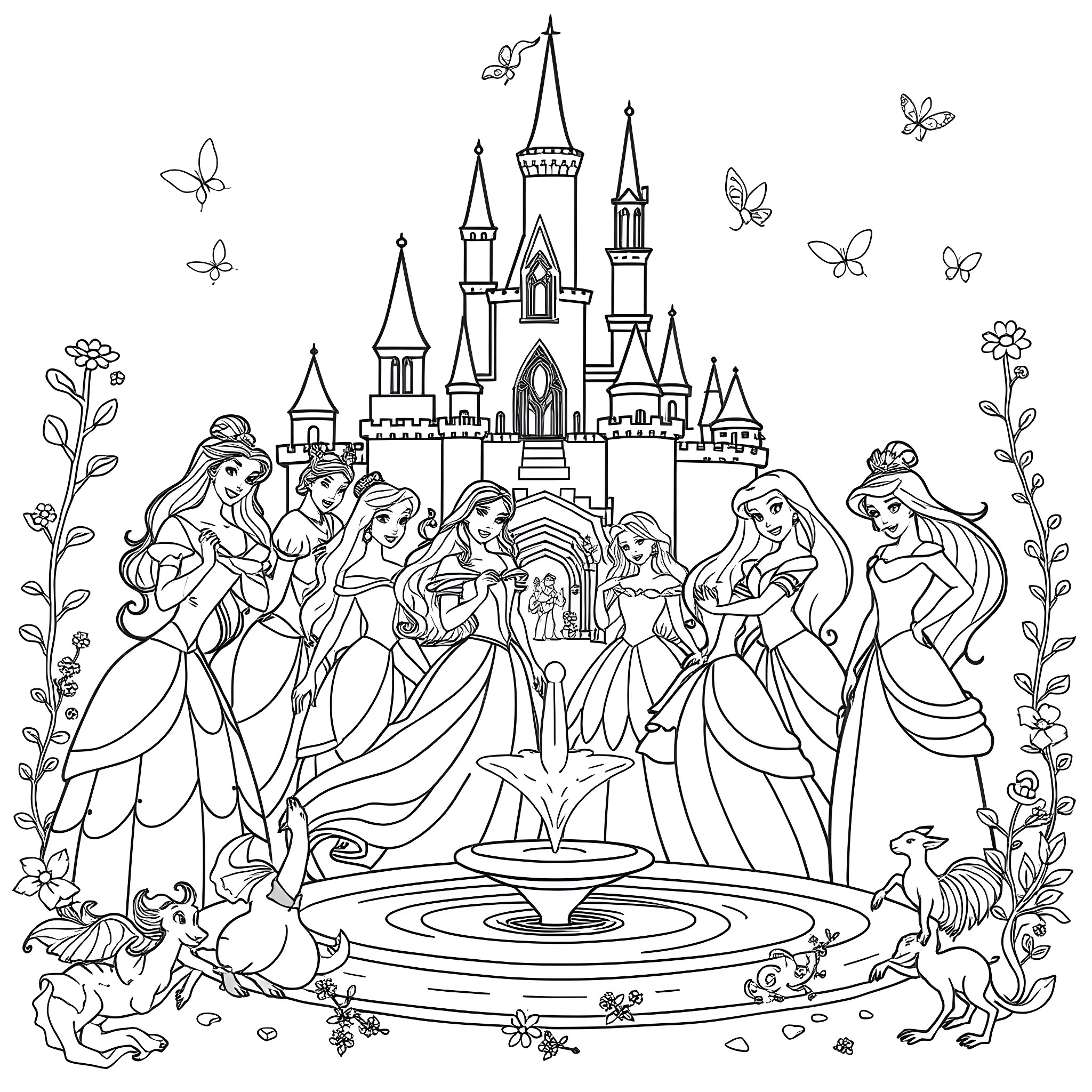 Disney Princesses gathered at the magical castle Coloring Page (free black-and-white line drawing printable PDF for all, from beginners to advanced learners, including children, teens, adults, and seniors)