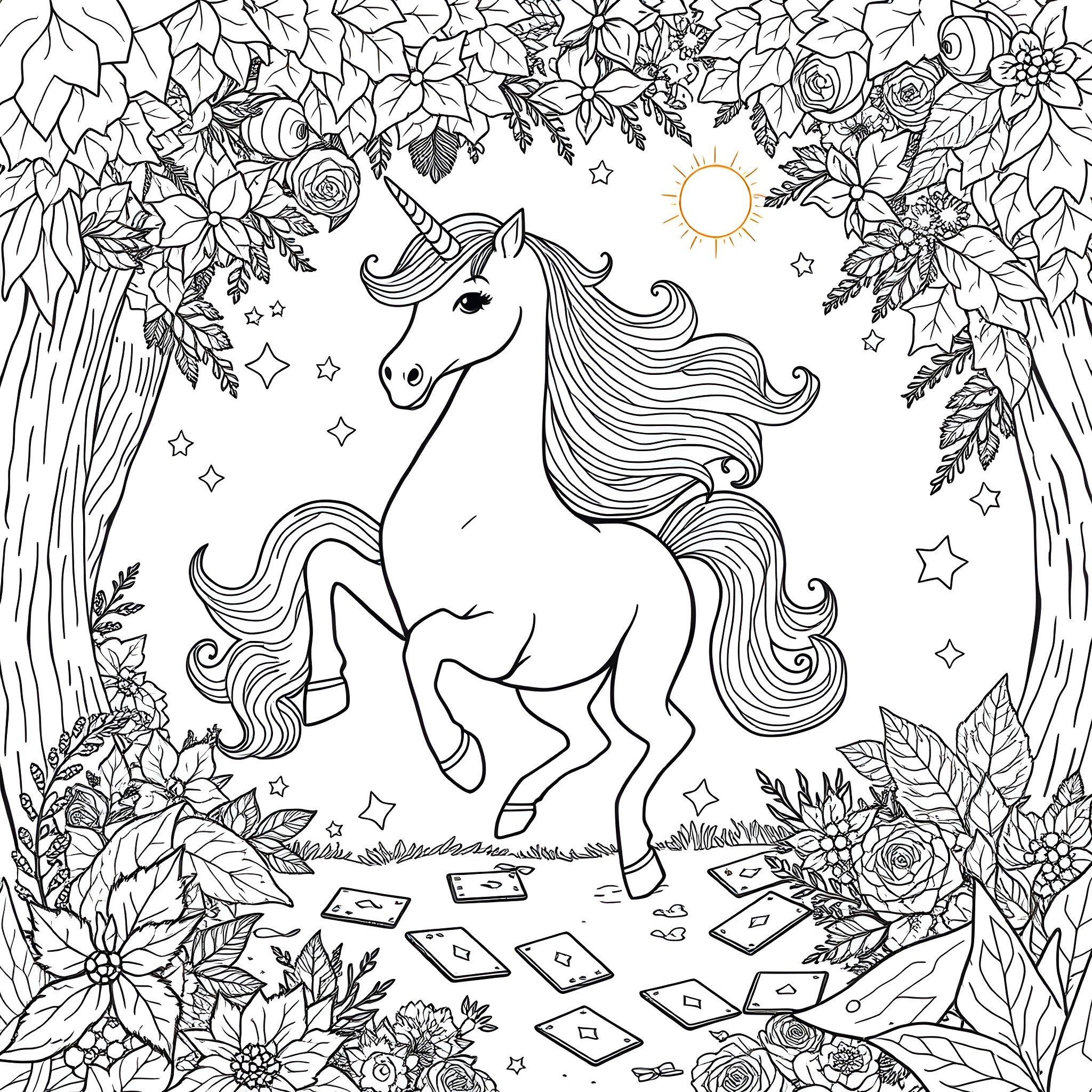 Unicorn prancing in enchanted forest Coloring Page (free black-and-white line drawing printable PDF for all, from beginners to advanced learners, including children, teens, adults, and seniors)