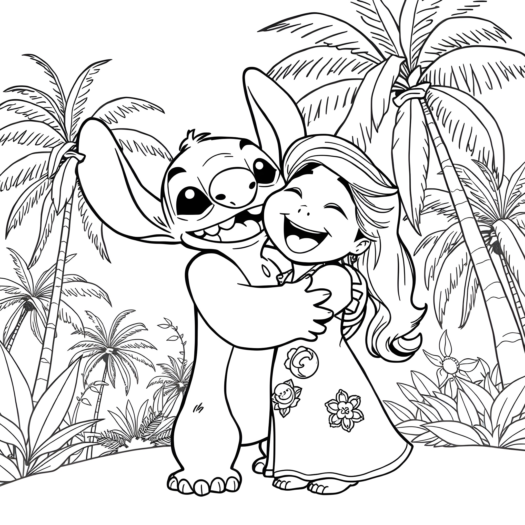 Stitch hugging a young girl in a tropical paradise Coloring Page (free black-and-white line drawing printable PDF for all, from beginners to advanced learners, including children, teens, adults, and seniors)