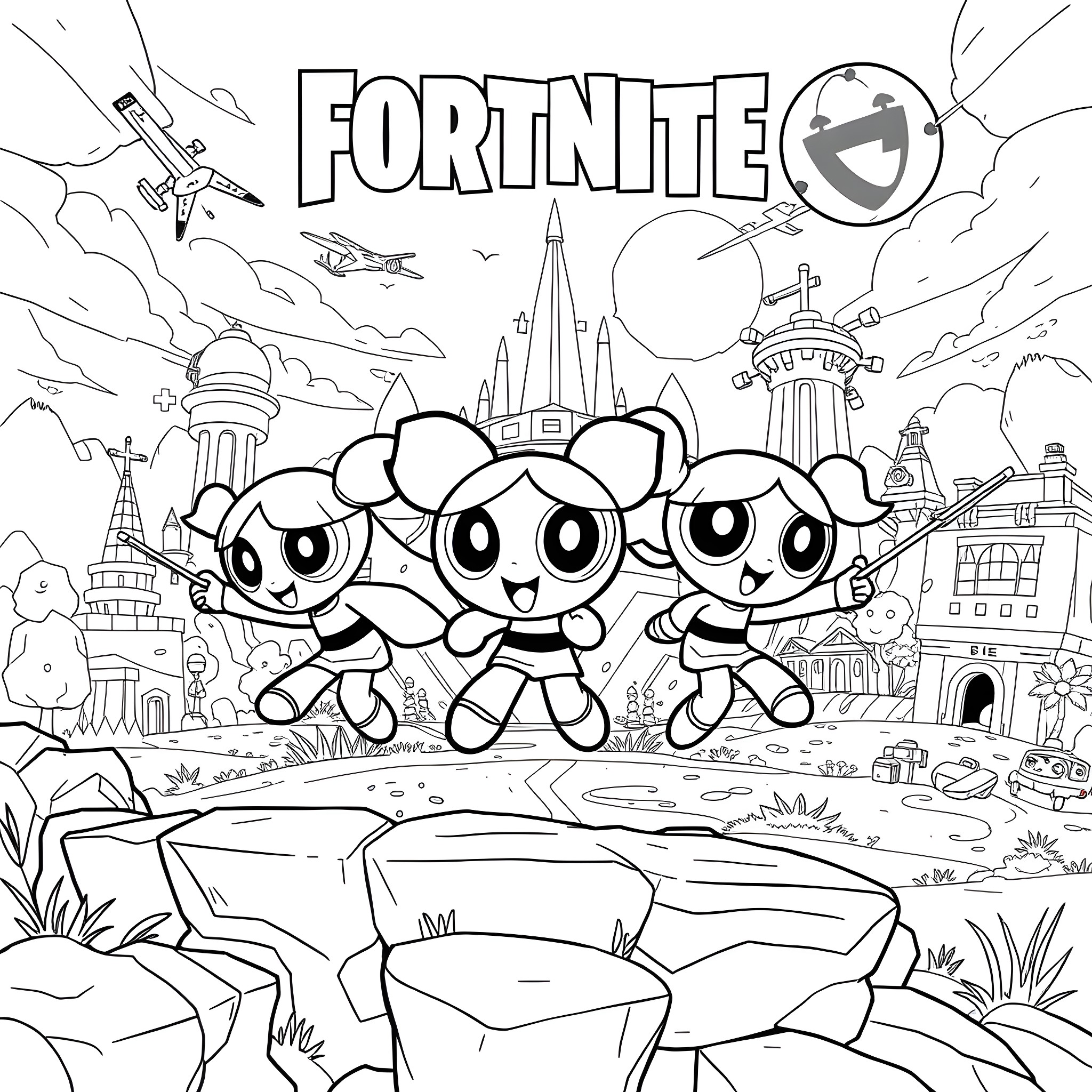 Powerpuff Girls playing in the Fortnite world Coloring Page (free black-and-white line drawing printable PDF for all, from beginners to advanced learners, including children, teens, adults, and seniors)