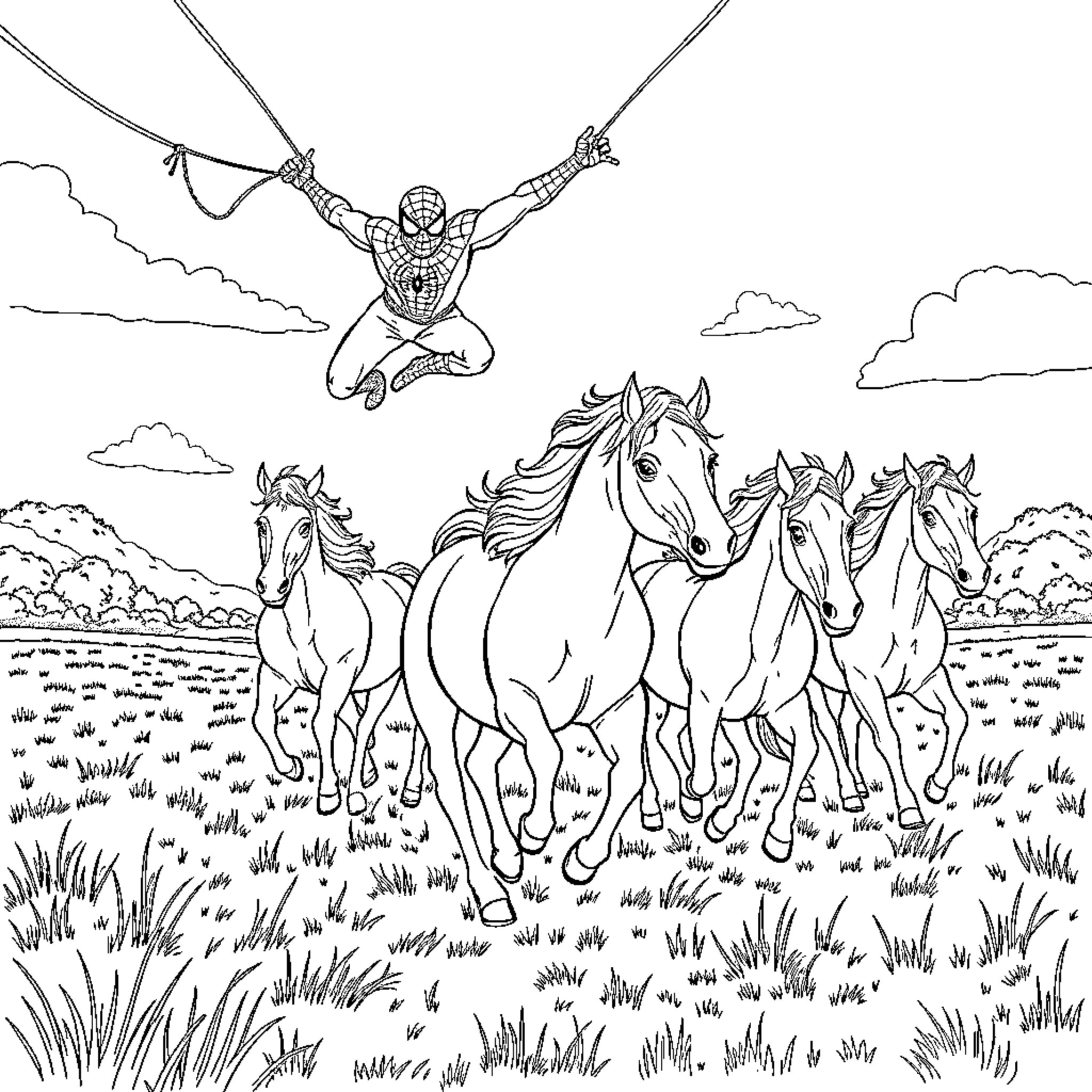 Horse Racing with Spider-Man Overhead Coloring Page (free black-and-white line drawing printable PDF for all, from beginners to advanced learners, including children, teens, adults, and seniors)