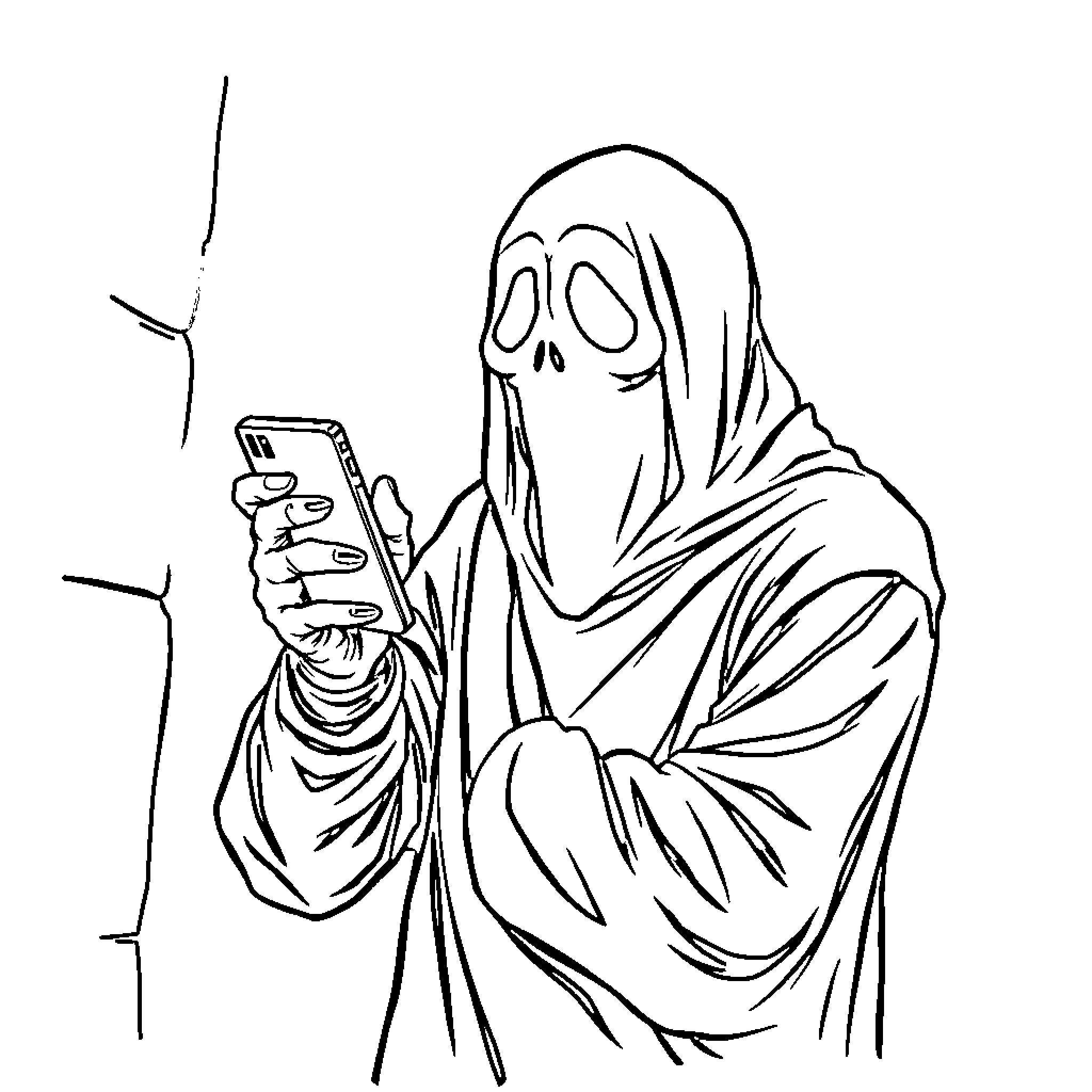 Ghostface taking a selfie in the shadows Coloring Page (free black-and-white line drawing printable PDF for all, from beginners to advanced learners, including children, teens, adults, and seniors)
