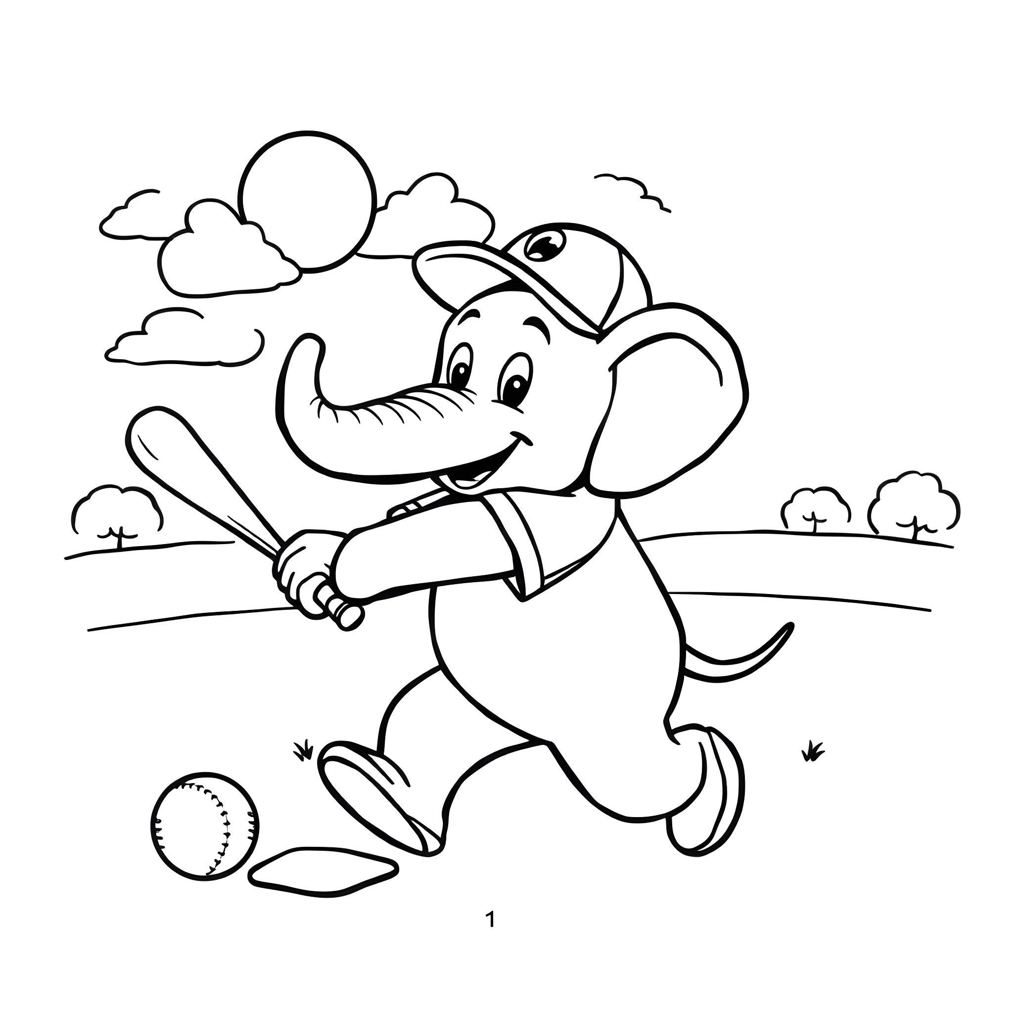 Elephant playing baseball in the park Coloring Page (free black-and-white line drawing printable PDF for all, from beginners to advanced learners, including children, teens, adults, and seniors)