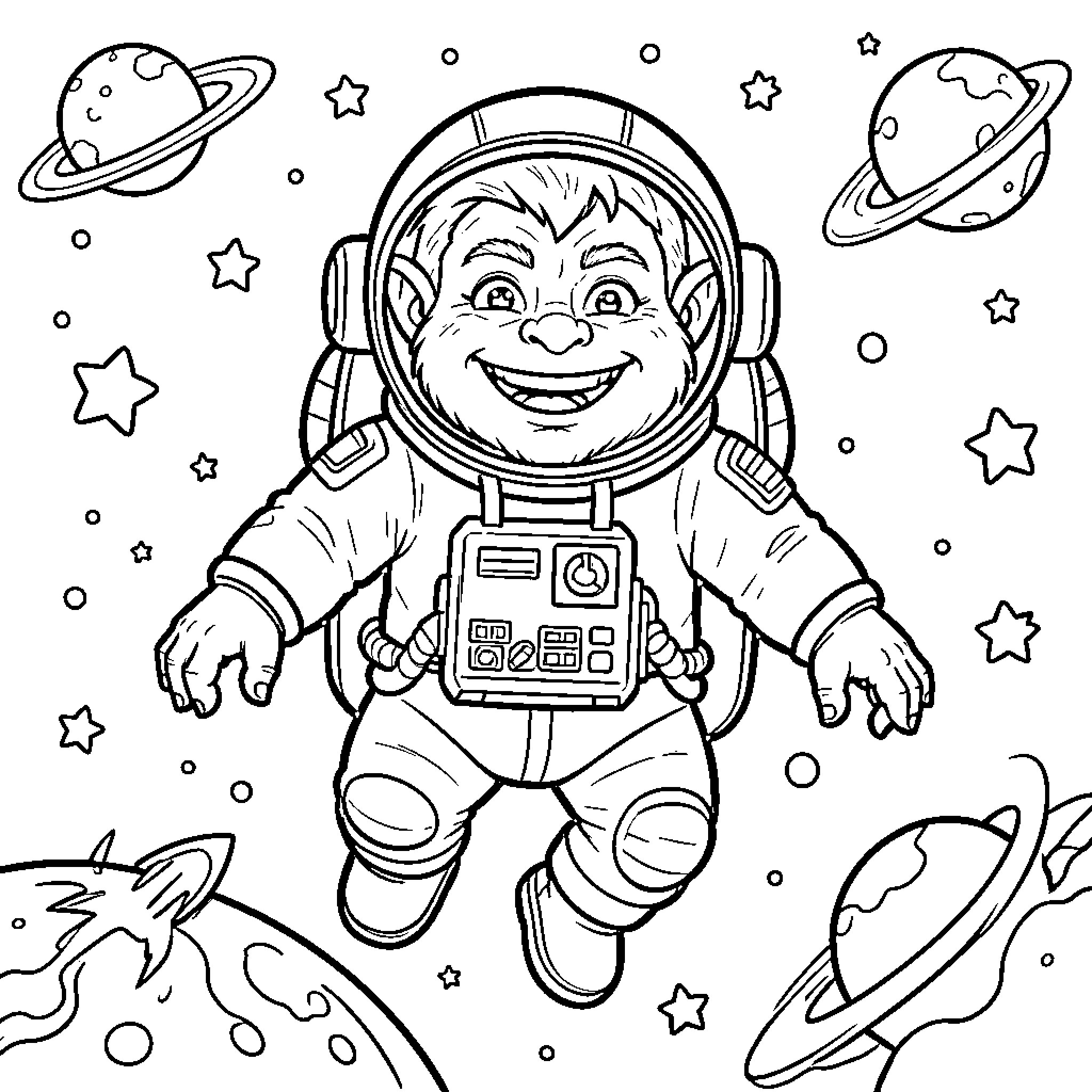 Astronaut exploring playful cosmic adventure Coloring Page (free black-and-white line drawing printable PDF for all, from beginners to advanced learners, including children, teens, adults, and seniors)