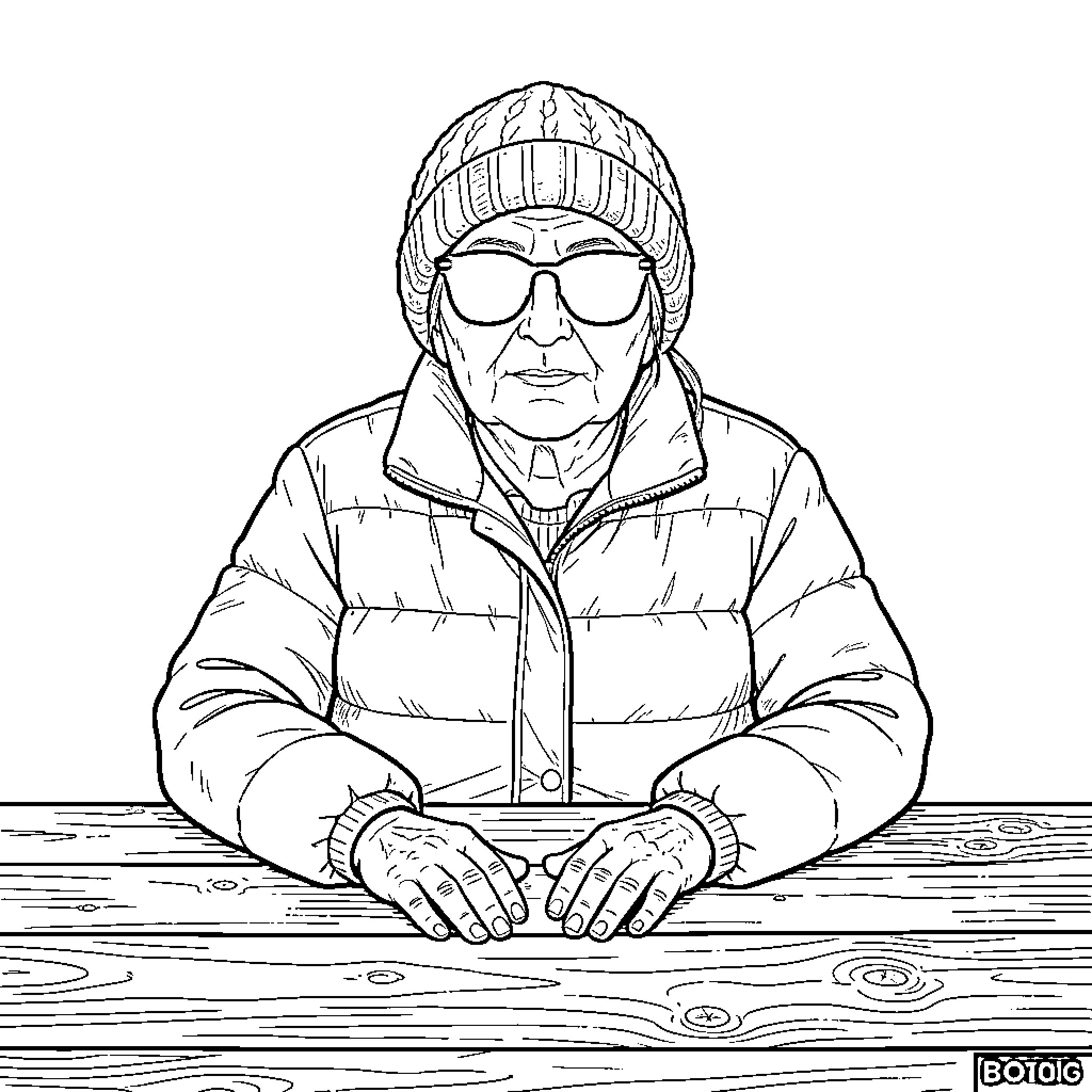 Mujer de aspecto serio con abrigo y gafas Coloring Page (free black-and-white line drawing printable PDF for all, from beginners to advanced learners, including children, teens, adults, and seniors)