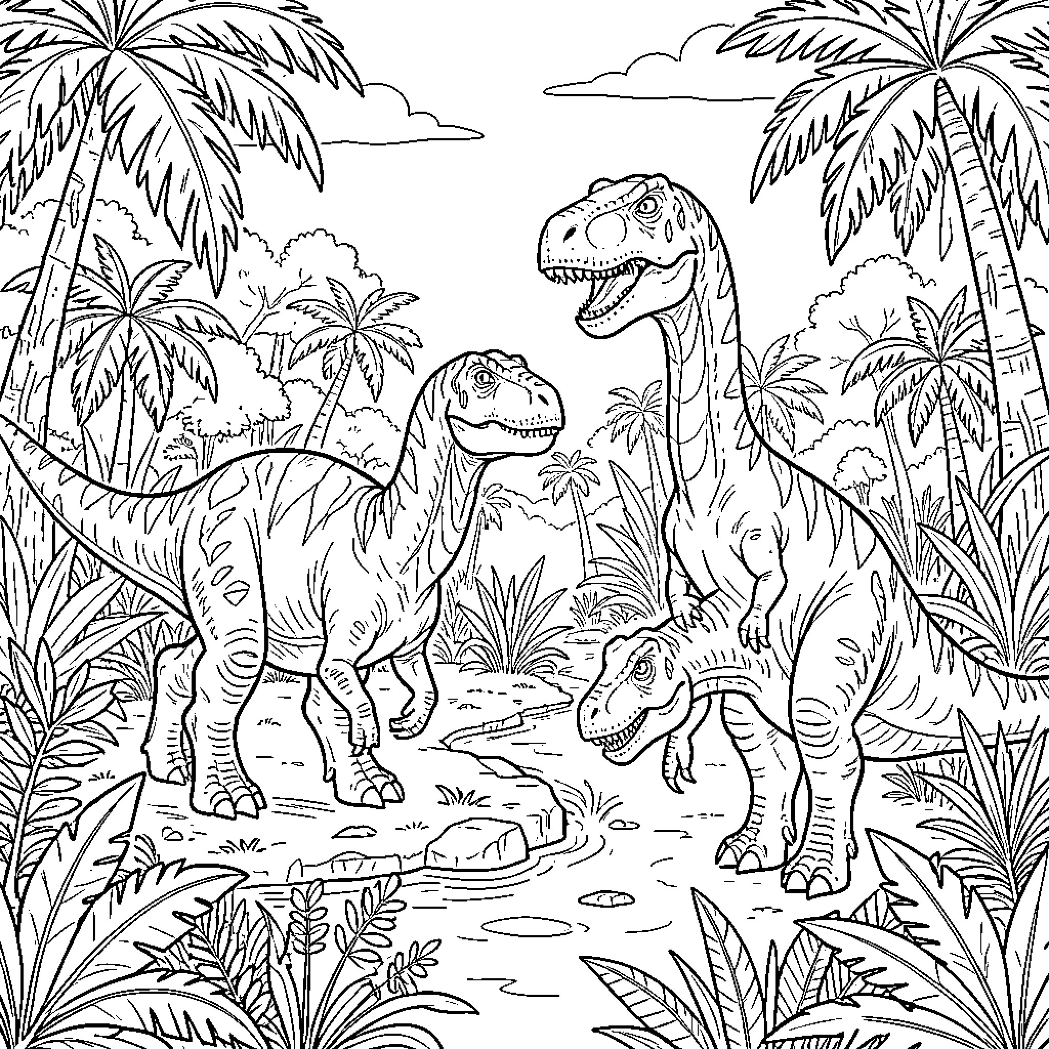 Dinosaur Exploration in the Prehistoric Jungle Coloring Page (free black-and-white line drawing printable PDF for all, from beginners to advanced learners, including children, teens, adults, and seniors)