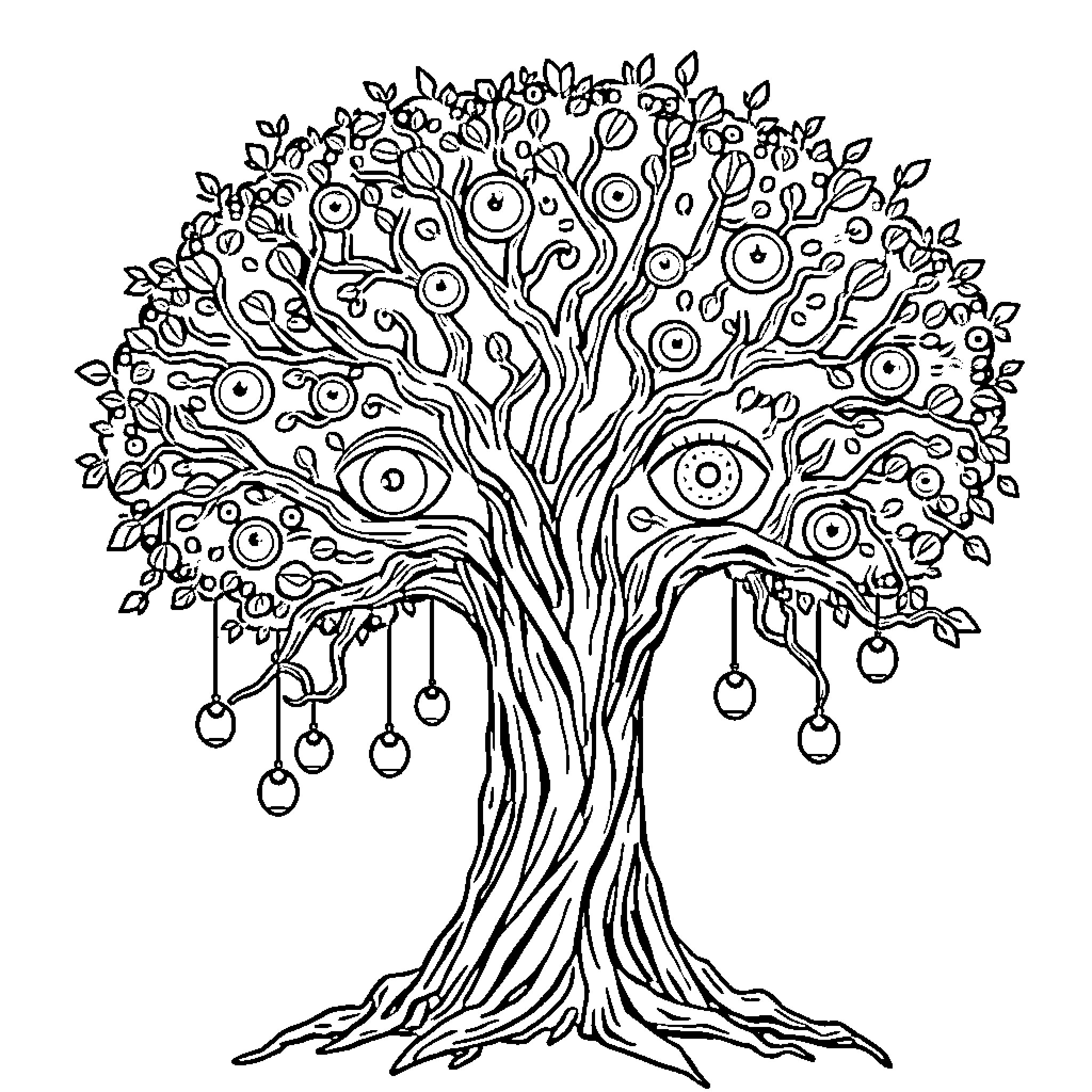Tree of Eyes with Hanging Ornaments Coloring Page (free black-and-white line drawing printable PDF for all, from beginners to advanced learners, including children, teens, adults, and seniors)