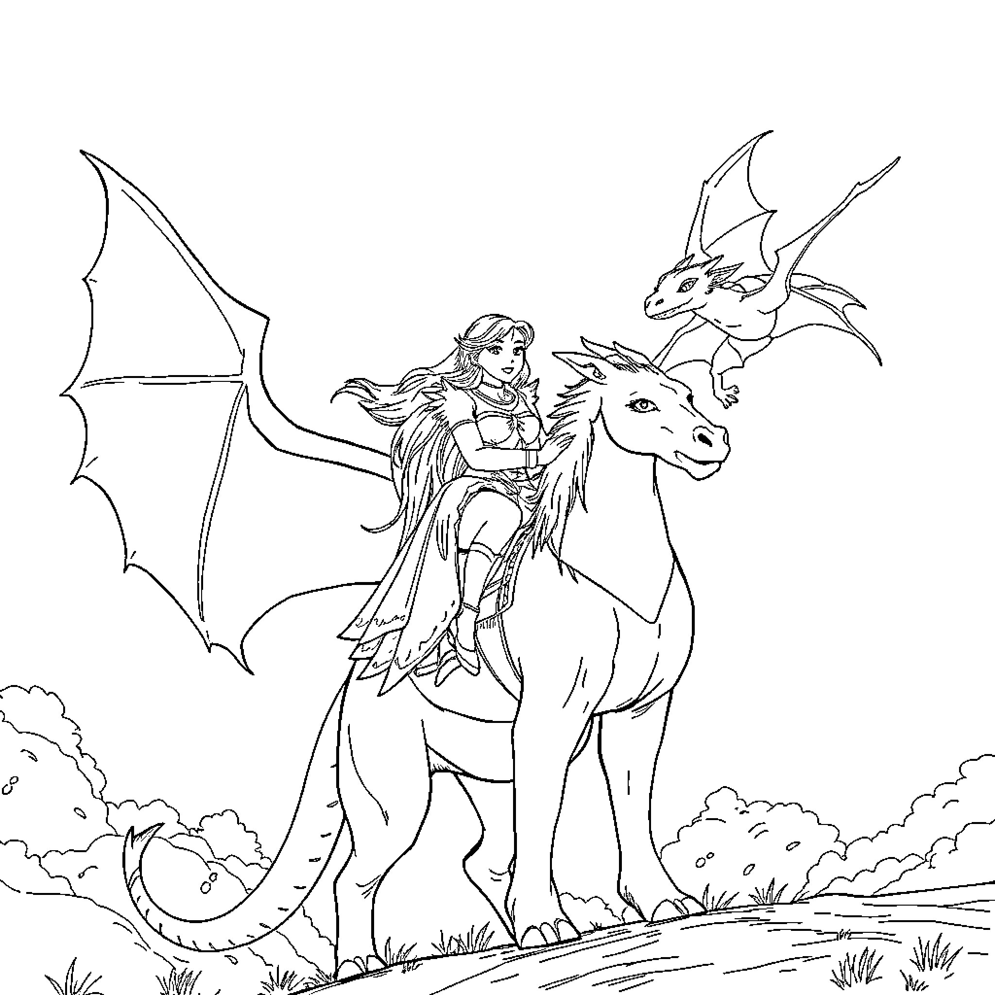 Violet's Fantastical Ride on a Winged Creature Coloring Page (free black-and-white line drawing printable PDF for all, from beginners to advanced learners, including children, teens, adults, and seniors)