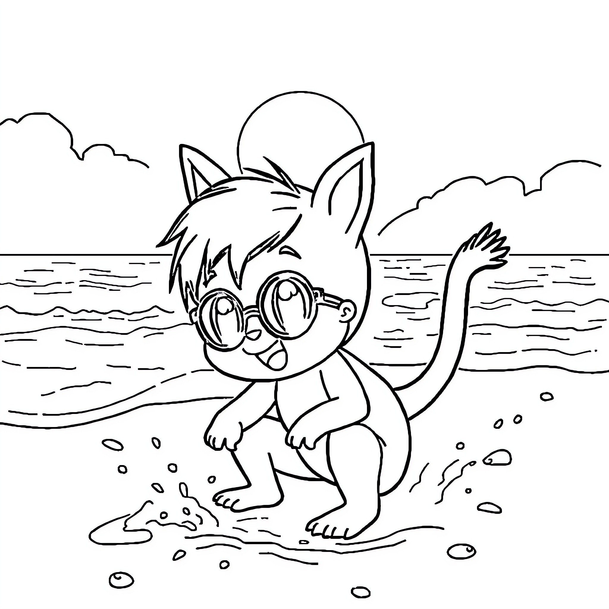 Stitch playing in the waves on the beach Coloring Page (free black-and-white line drawing printable PDF for all, from beginners to advanced learners, including children, teens, adults, and seniors)