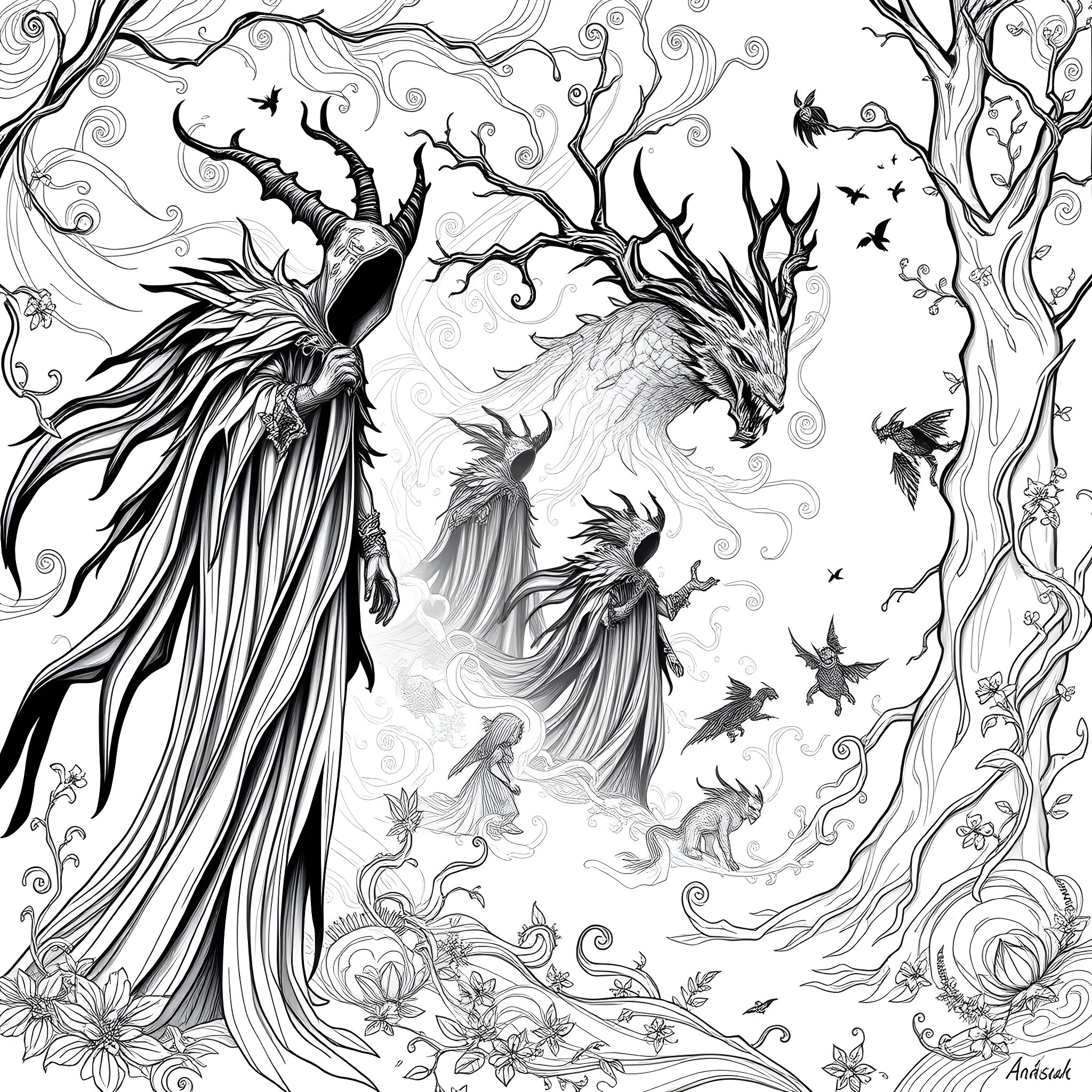 Letter of Enchanting Spirits in the Mystic Forest Coloring Page (free black-and-white line drawing printable PDF for all, from beginners to advanced learners, including children, teens, adults, and seniors)