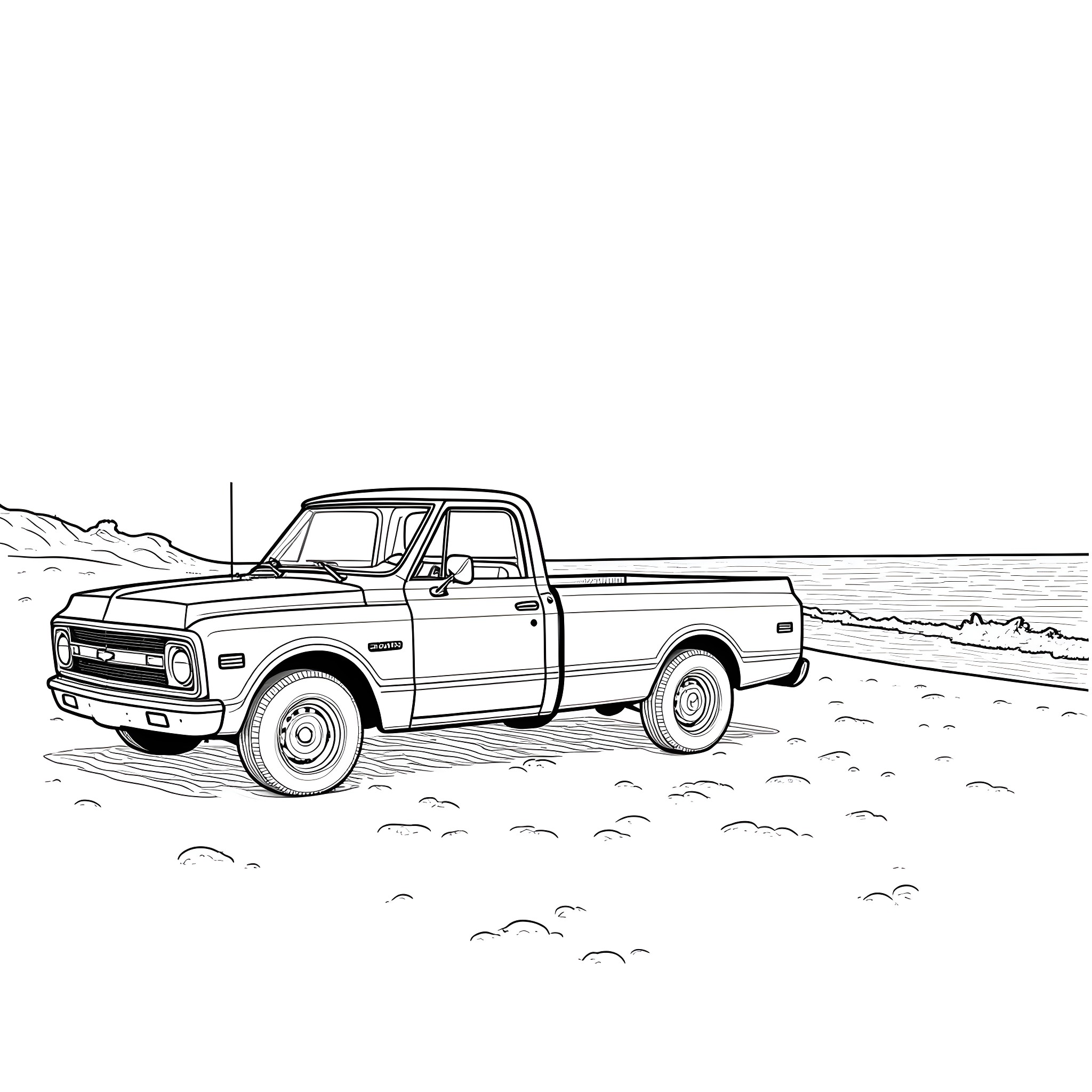Chevy C10 pickup truck on a remote beach Coloring Page (free black-and-white line drawing printable PDF for all, from beginners to advanced learners, including children, teens, adults, and seniors)