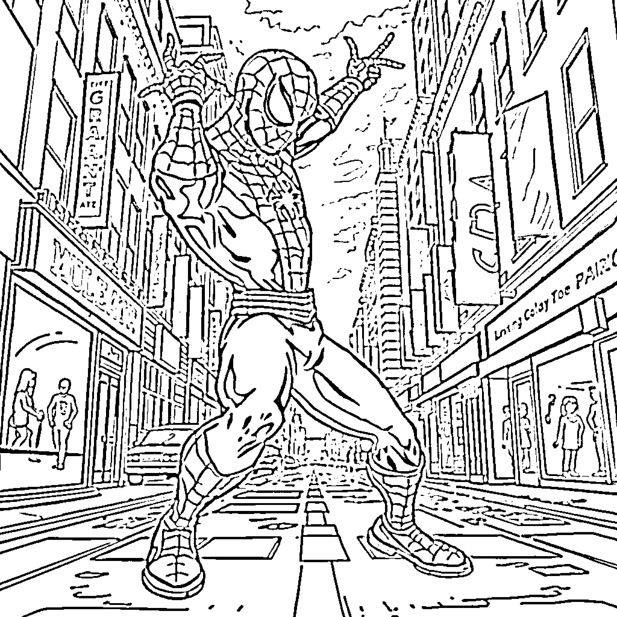 Spiderman swinging through the city streets Coloring Page (free black-and-white line drawing printable PDF for all, from beginners to advanced learners, including children, teens, adults, and seniors)