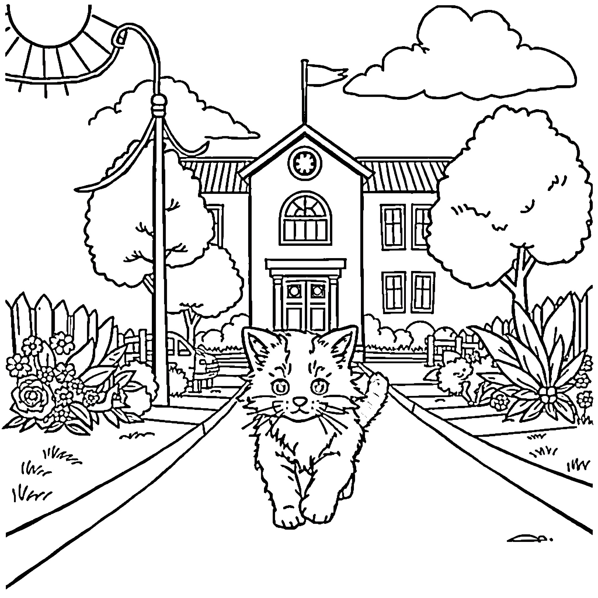Kitty strolling through a cozy neighborhood Coloring Page (free black-and-white line drawing printable PDF for all, from beginners to advanced learners, including children, teens, adults, and seniors)