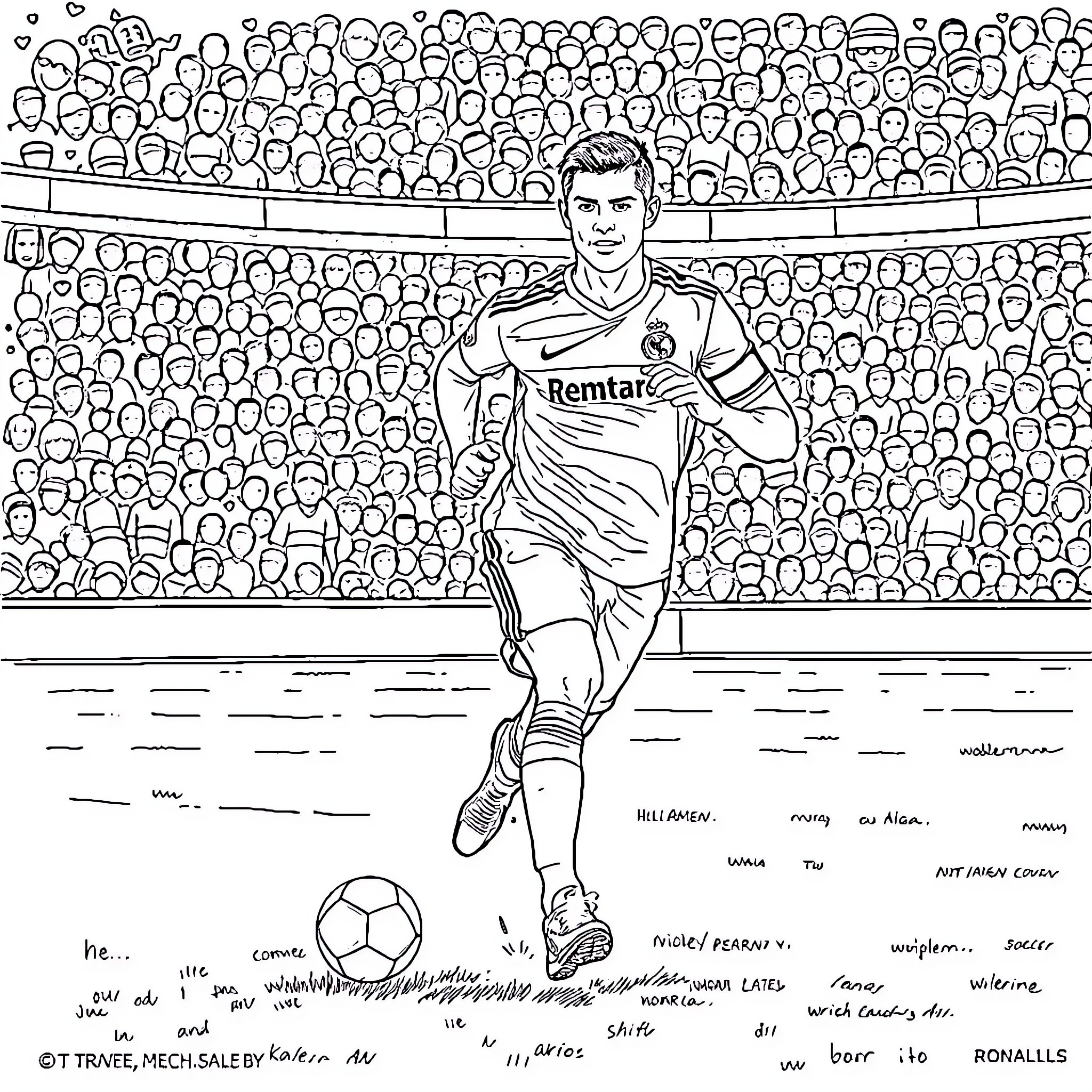 Ronaldo running on the field with soccer fans Coloring Page (free black-and-white line drawing printable PDF for all, from beginners to advanced learners, including children, teens, adults, and seniors)