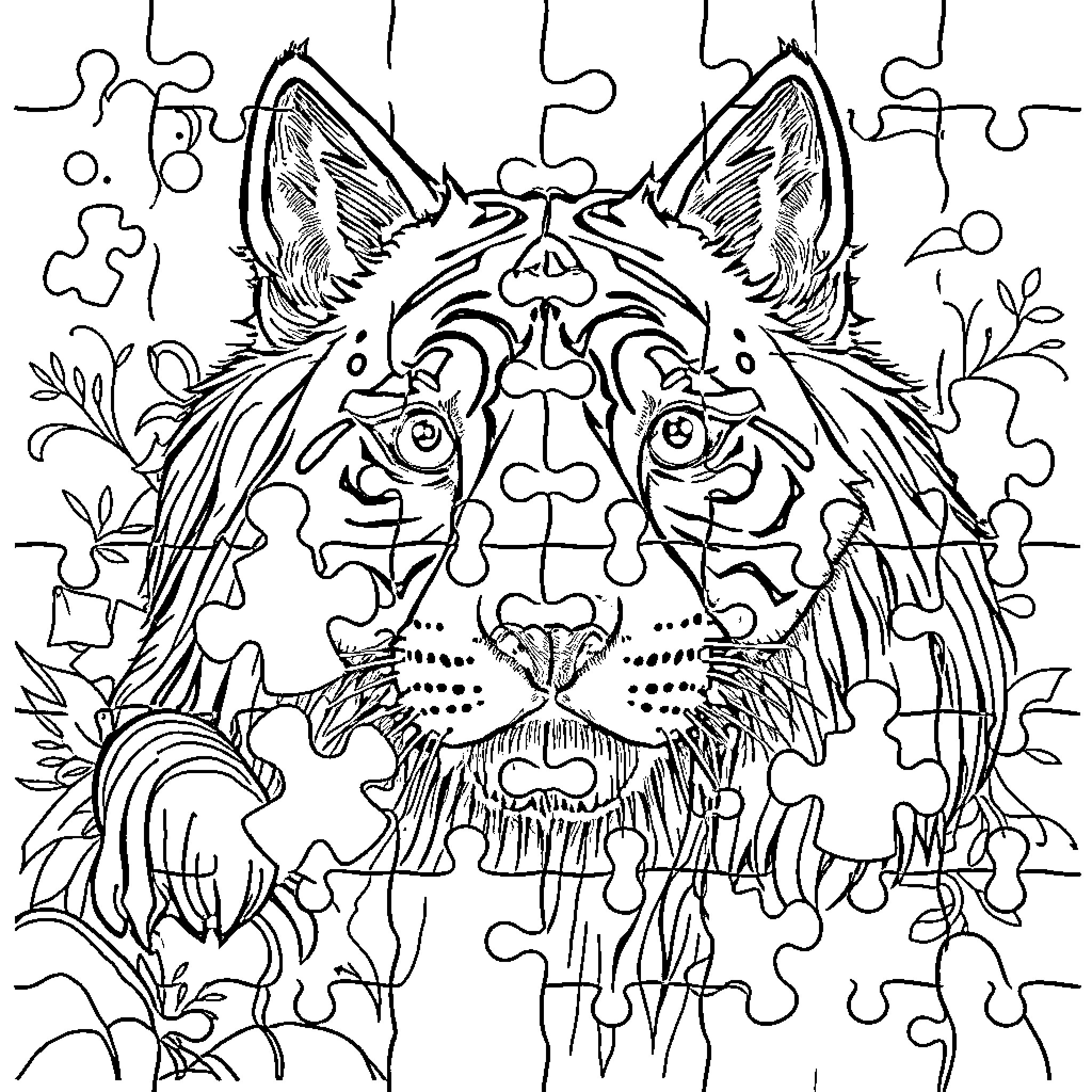Jigsaw puzzle of an intricate wolf illustration Coloring Page (free black-and-white line drawing printable PDF for all, from beginners to advanced learners, including children, teens, adults, and seniors)