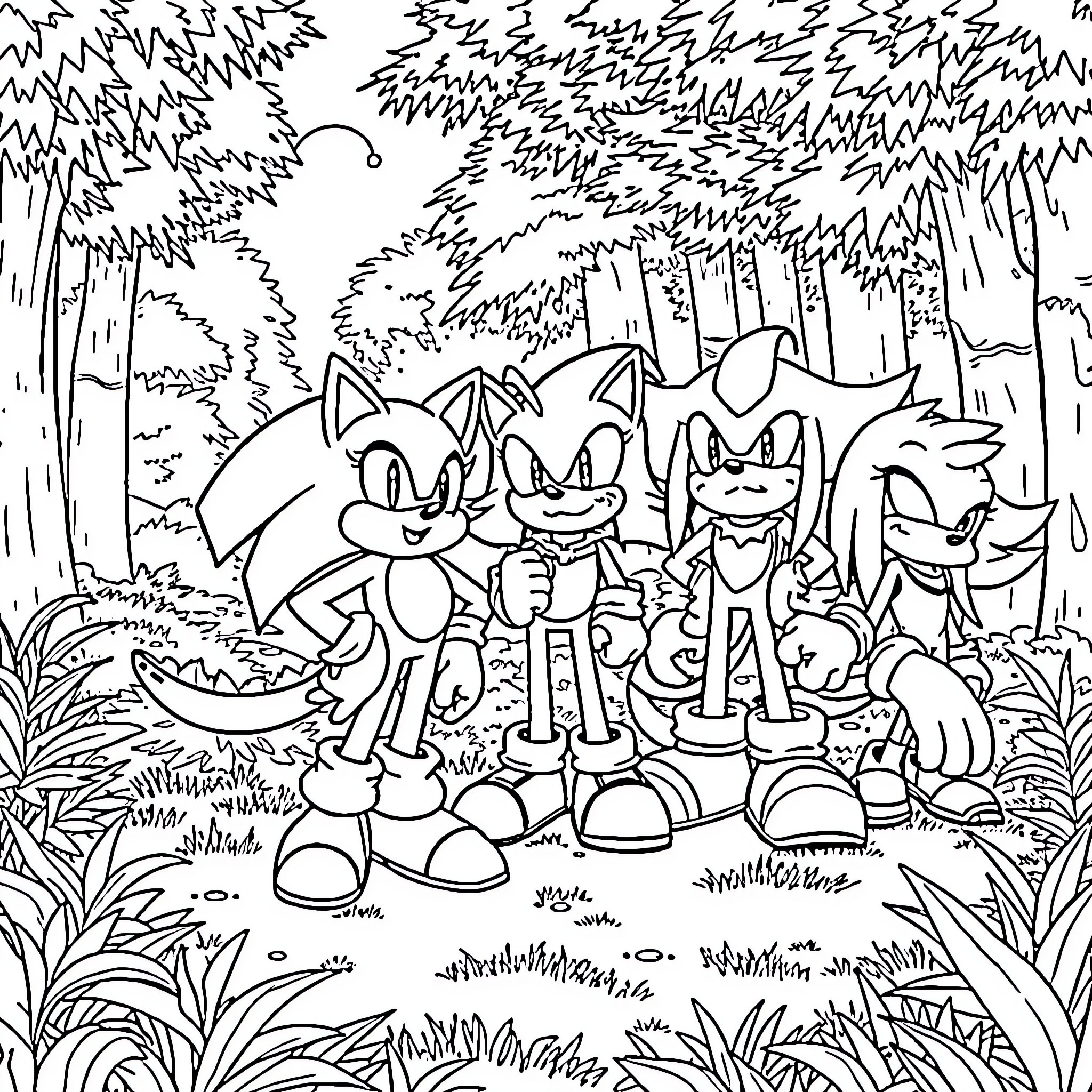 Sonic and Friends in the Wilderness Coloring Page (free black-and-white line drawing printable PDF for all, from beginners to advanced learners, including children, teens, adults, and seniors)