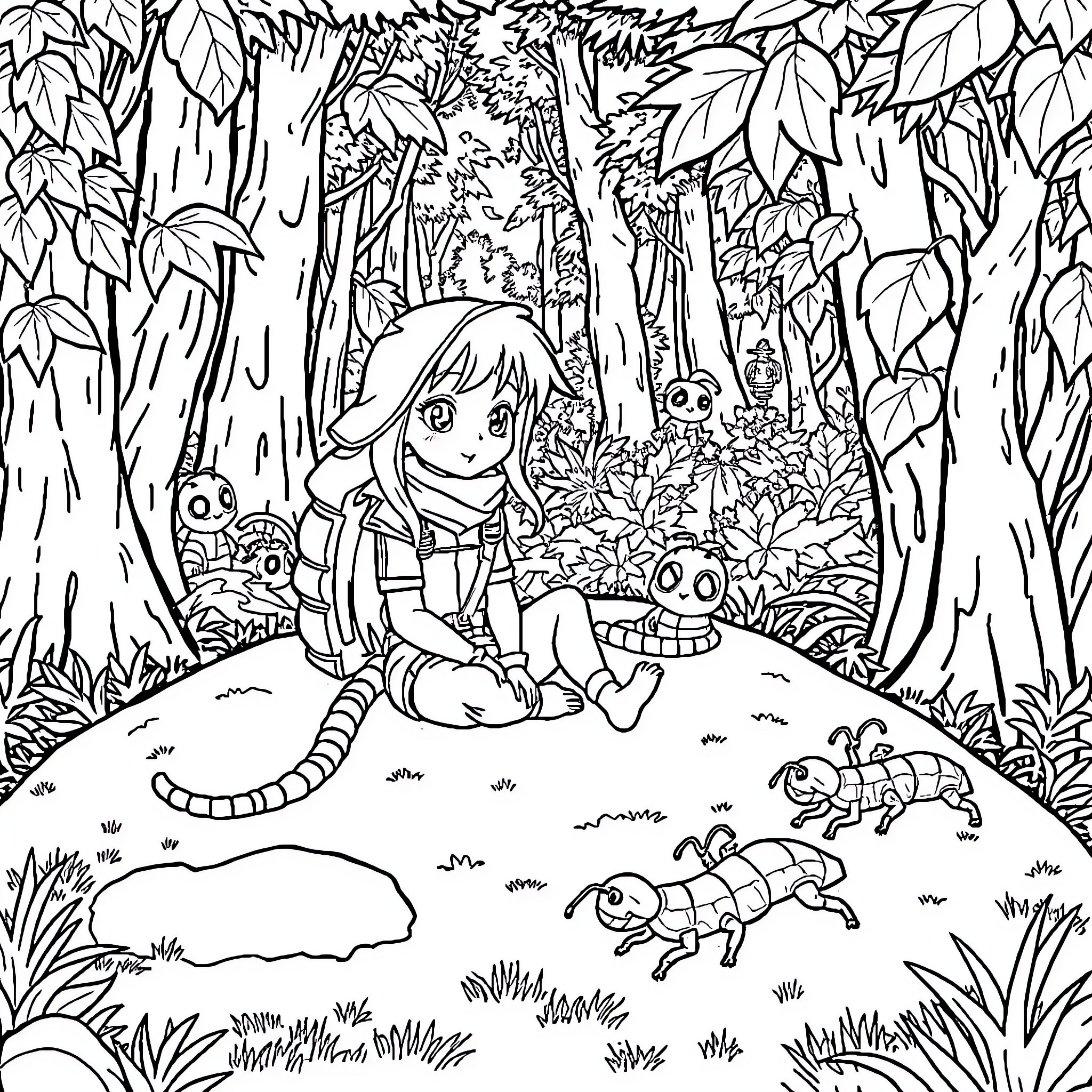Na'vi Girl Exploring the Lush Alien Forest Coloring Page (free black-and-white line drawing printable PDF for all, from beginners to advanced learners, including children, teens, adults, and seniors)