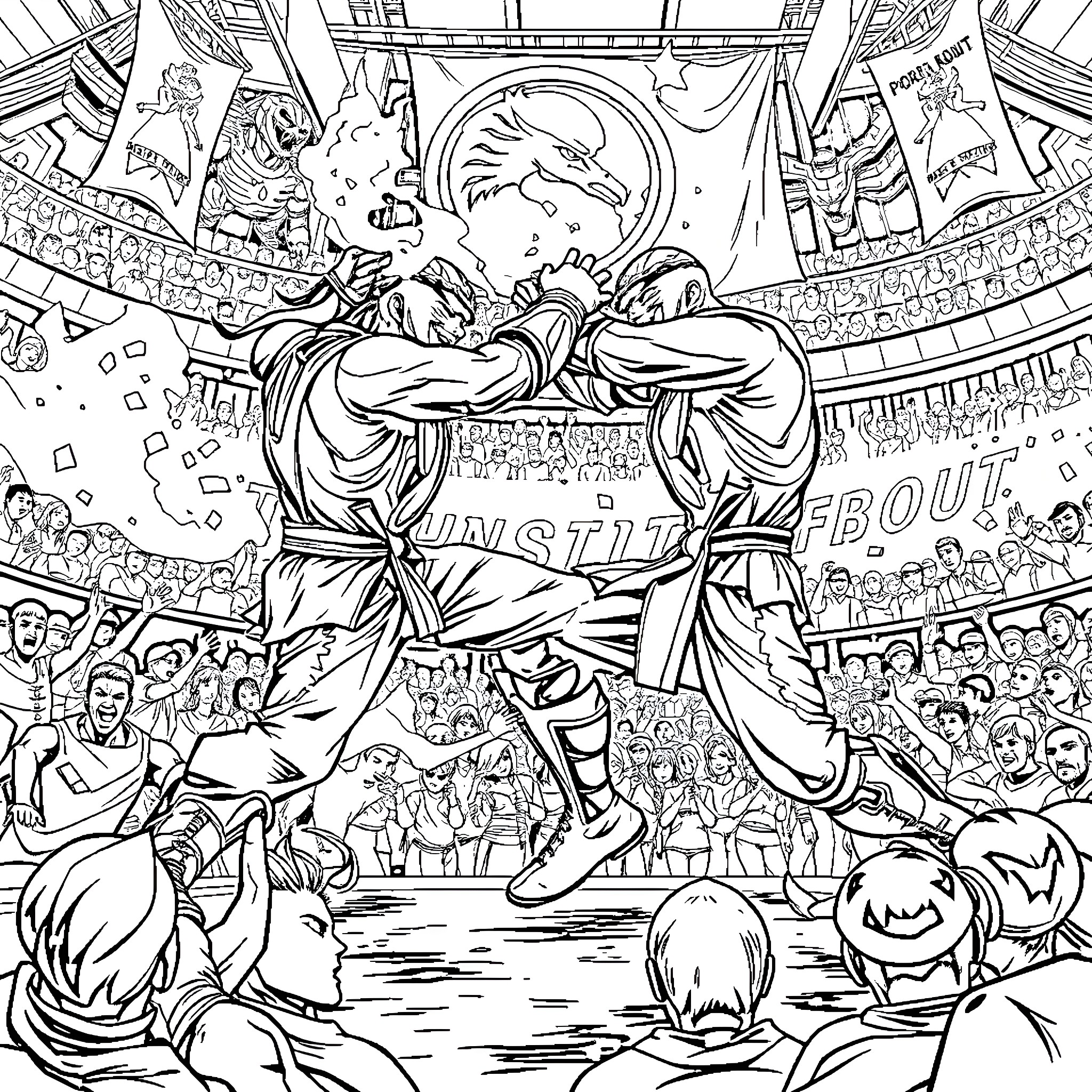 Mortal Kombat: Epic Clash in Intense Arena Coloring Page (free black-and-white line drawing printable PDF for all, from beginners to advanced learners, including children, teens, adults, and seniors)