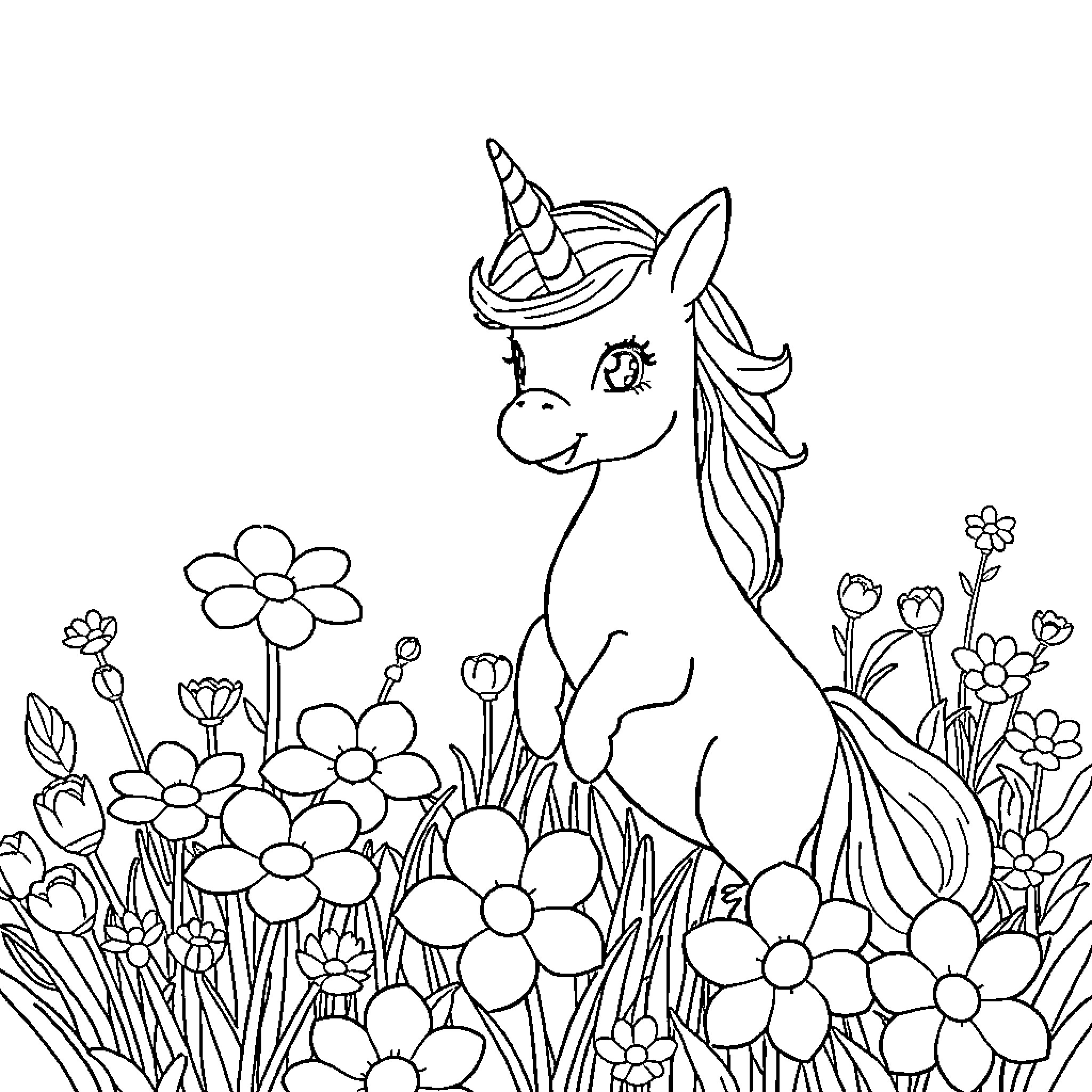 Unicorn exploring a field of flowers Coloring Page (free black-and-white line drawing printable PDF for all, from beginners to advanced learners, including children, teens, adults, and seniors)